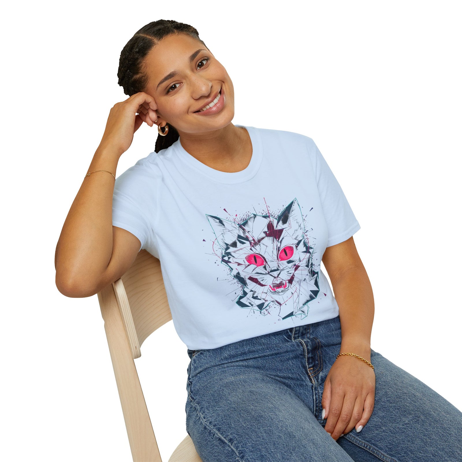 Cat Skull Graphic T-Shirt — Pink Eyes Shattered Design