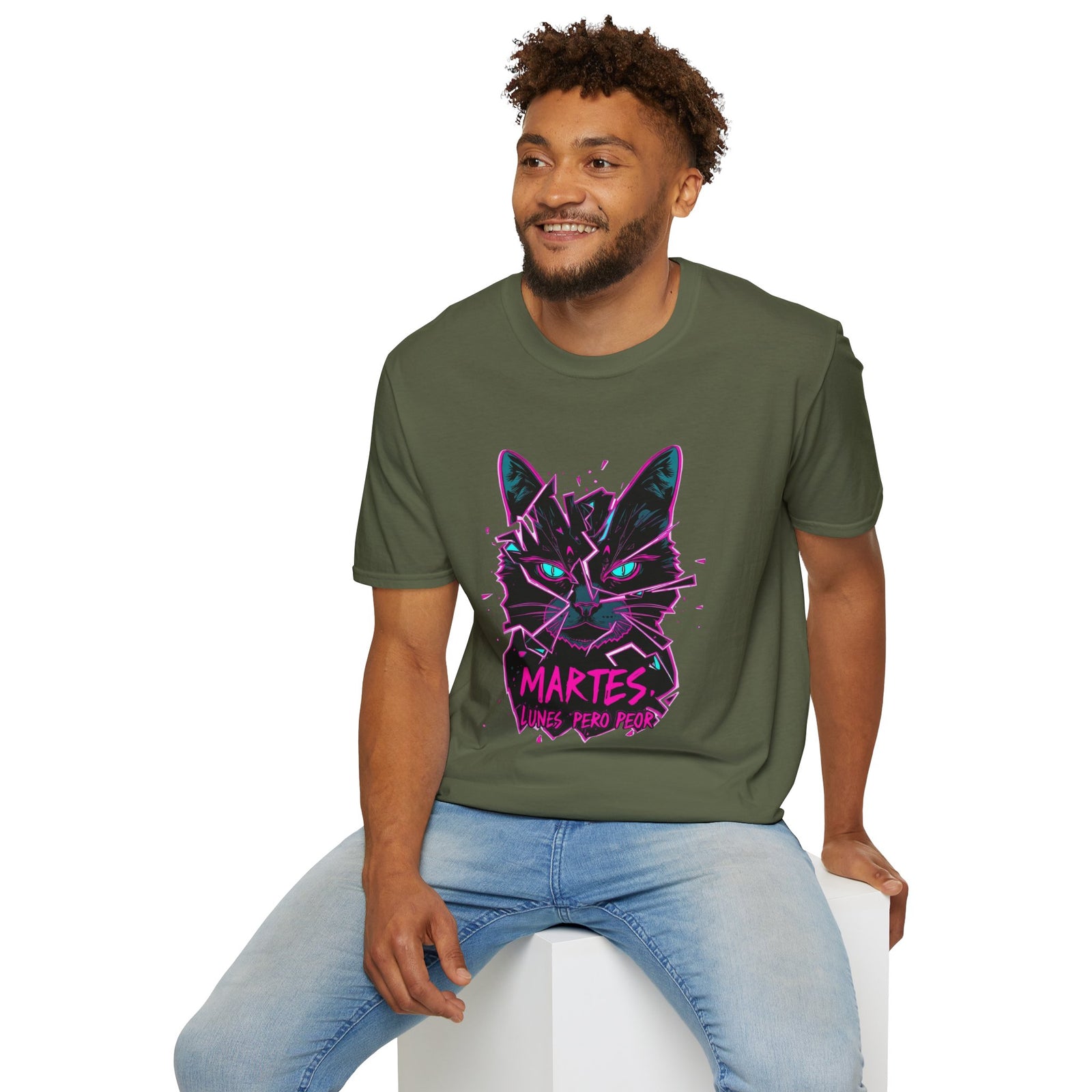 Cat Graphic T-Shirt — Neon Retro "Martes" Design (Lunes Pero Puro)