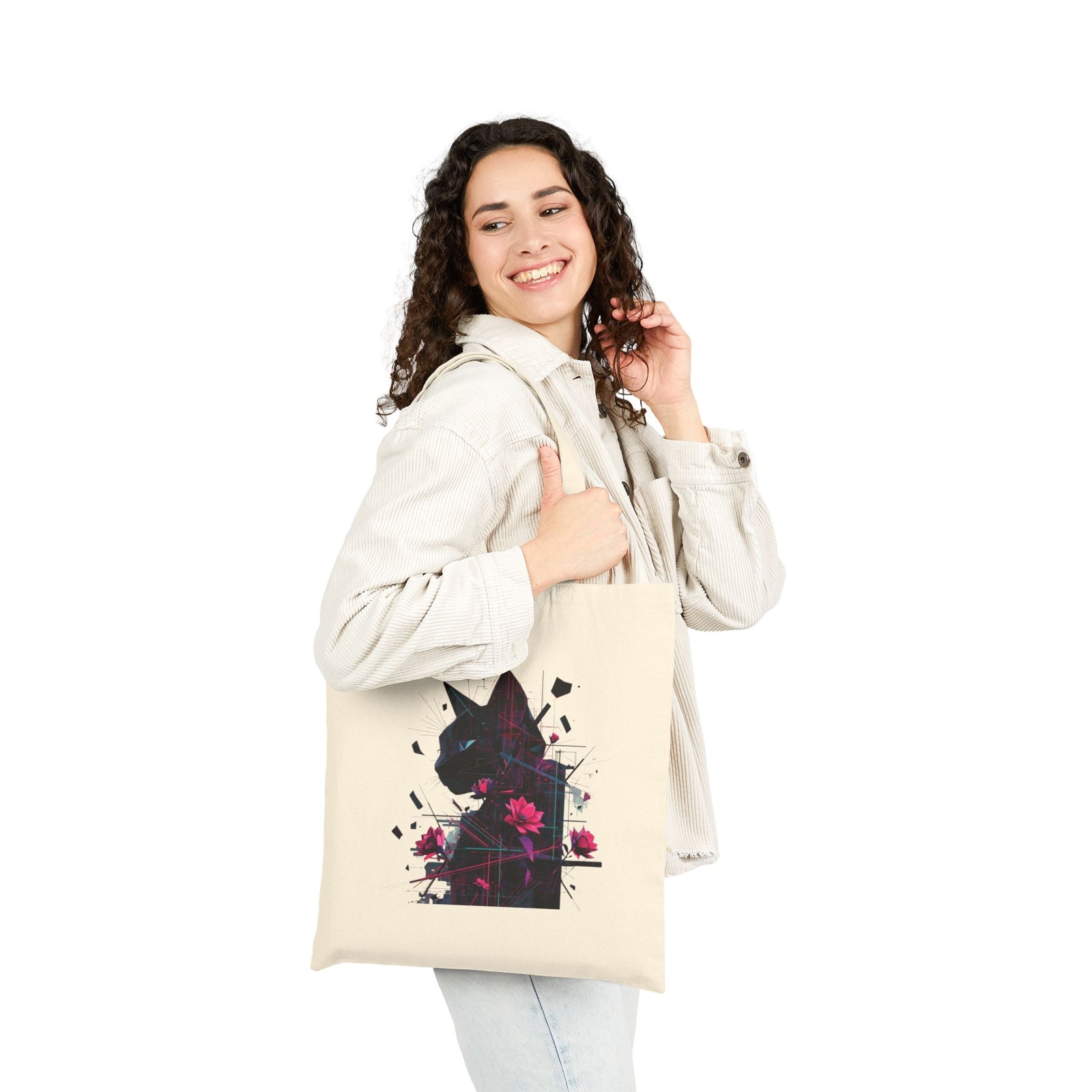 Floral Cat Silhouette Tote Bag — Canvas Animal Art Shopper