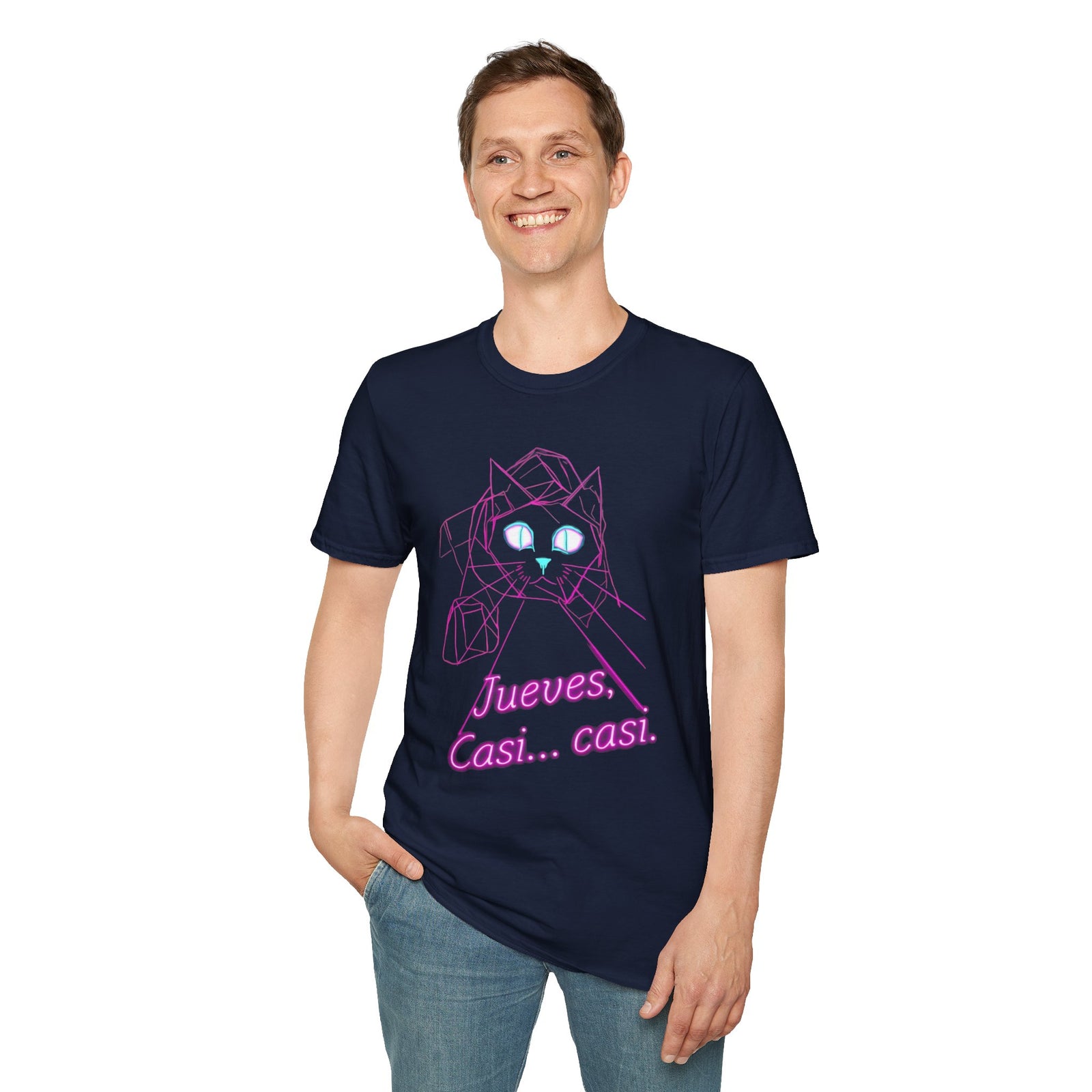 T-Shirt — Neon Cat "Jueves, Casi... casi." Retro Vaporwave Tee