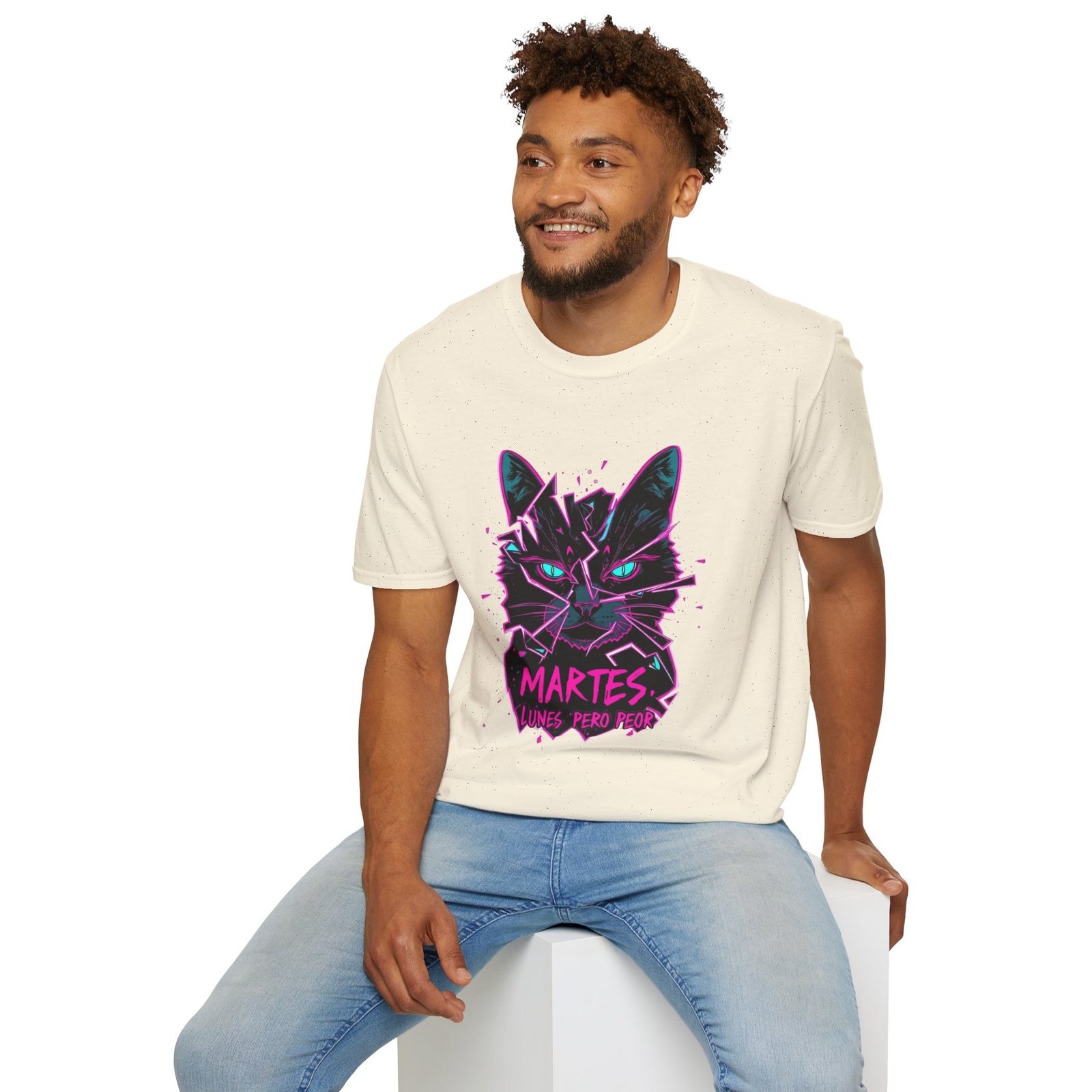 Cat Graphic T-Shirt — Neon Retro "Martes" Design (Lunes Pero Puro)