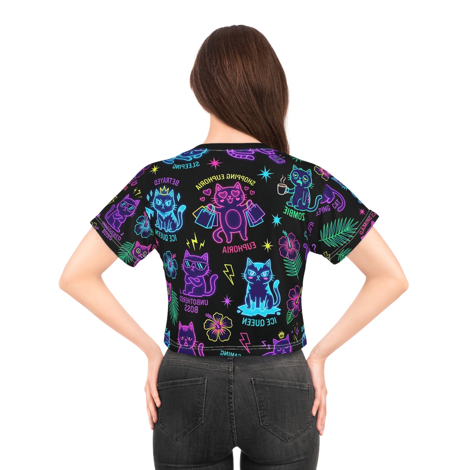 Neon Cat Pattern Crop Tee — 'Ice Queen' & 'Euphoria' Aesthetic