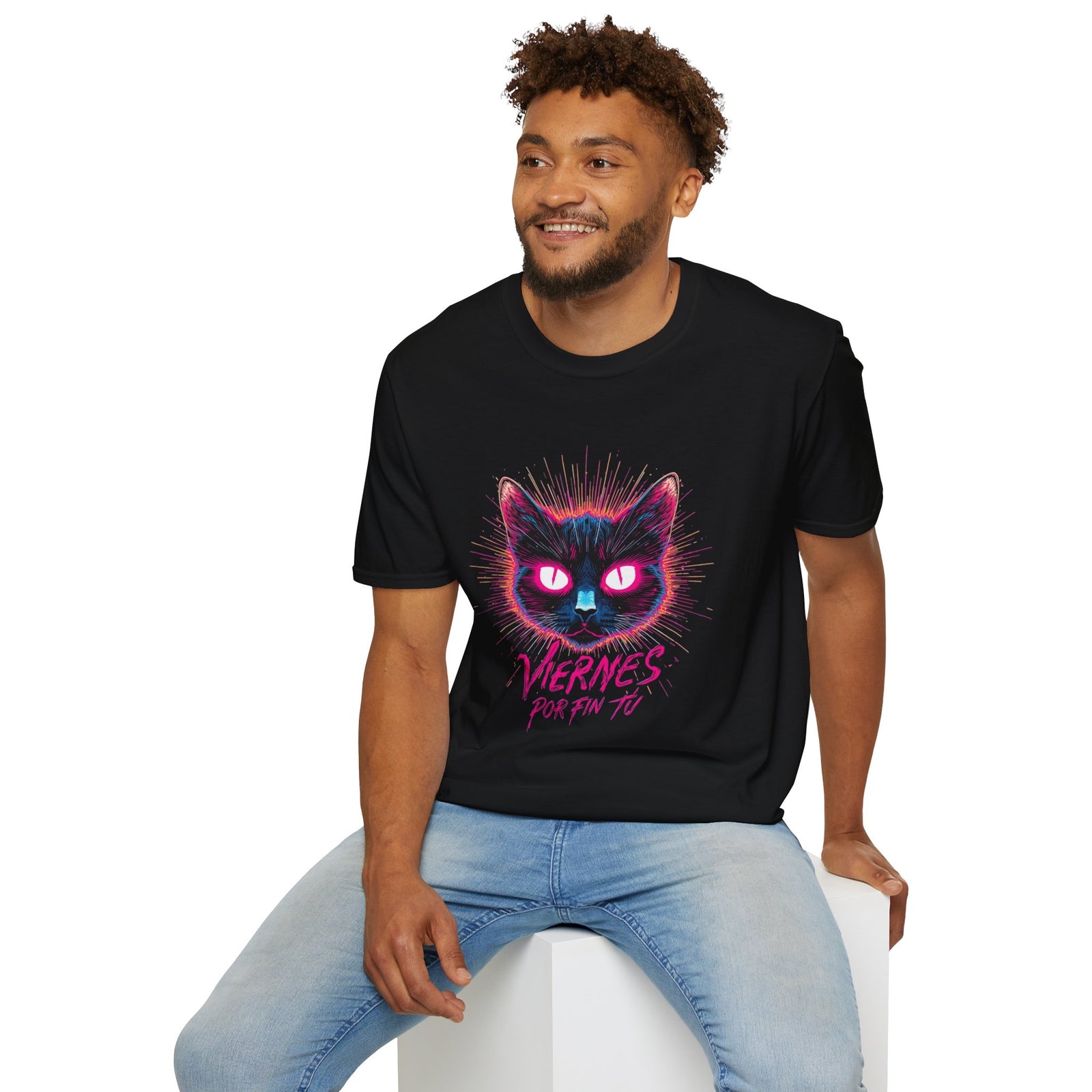 Cat Tee — "Viernes Por Fin" Neon Cat Graphic T-Shirt