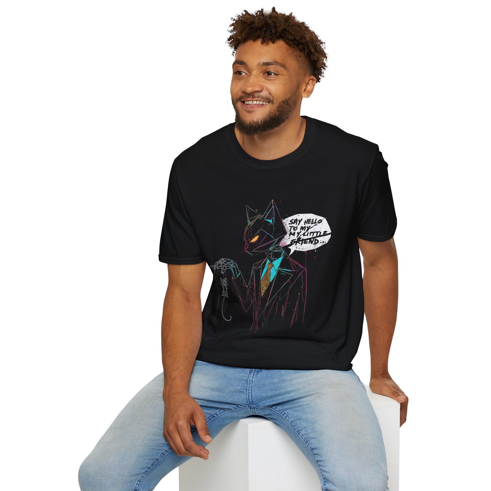 T-Shirt — "Say Hello to My Little Friend" Neon Sketch