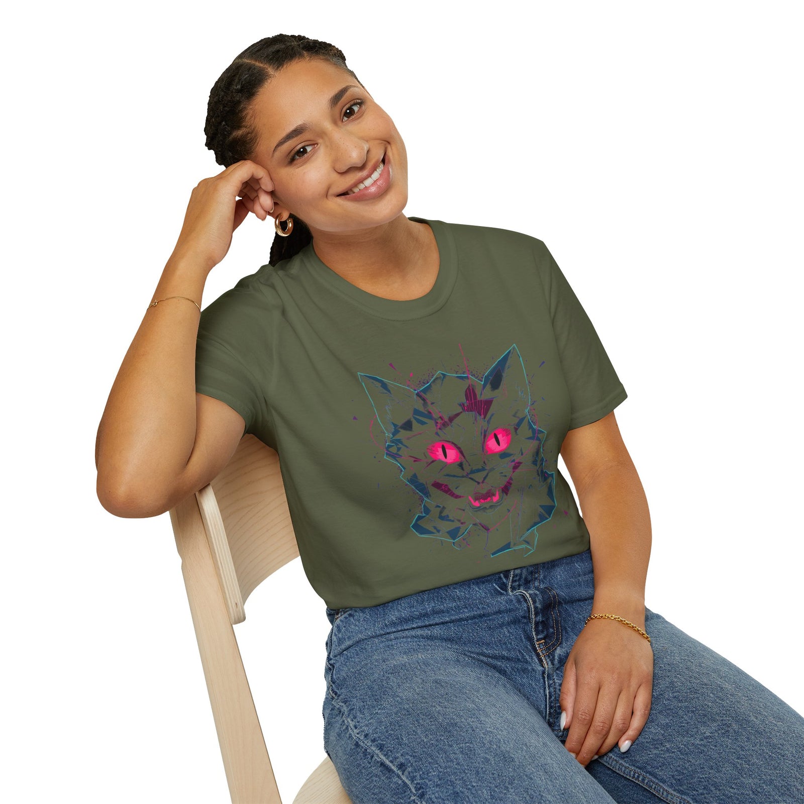 Cat Skull Graphic T-Shirt — Pink Eyes Shattered Design