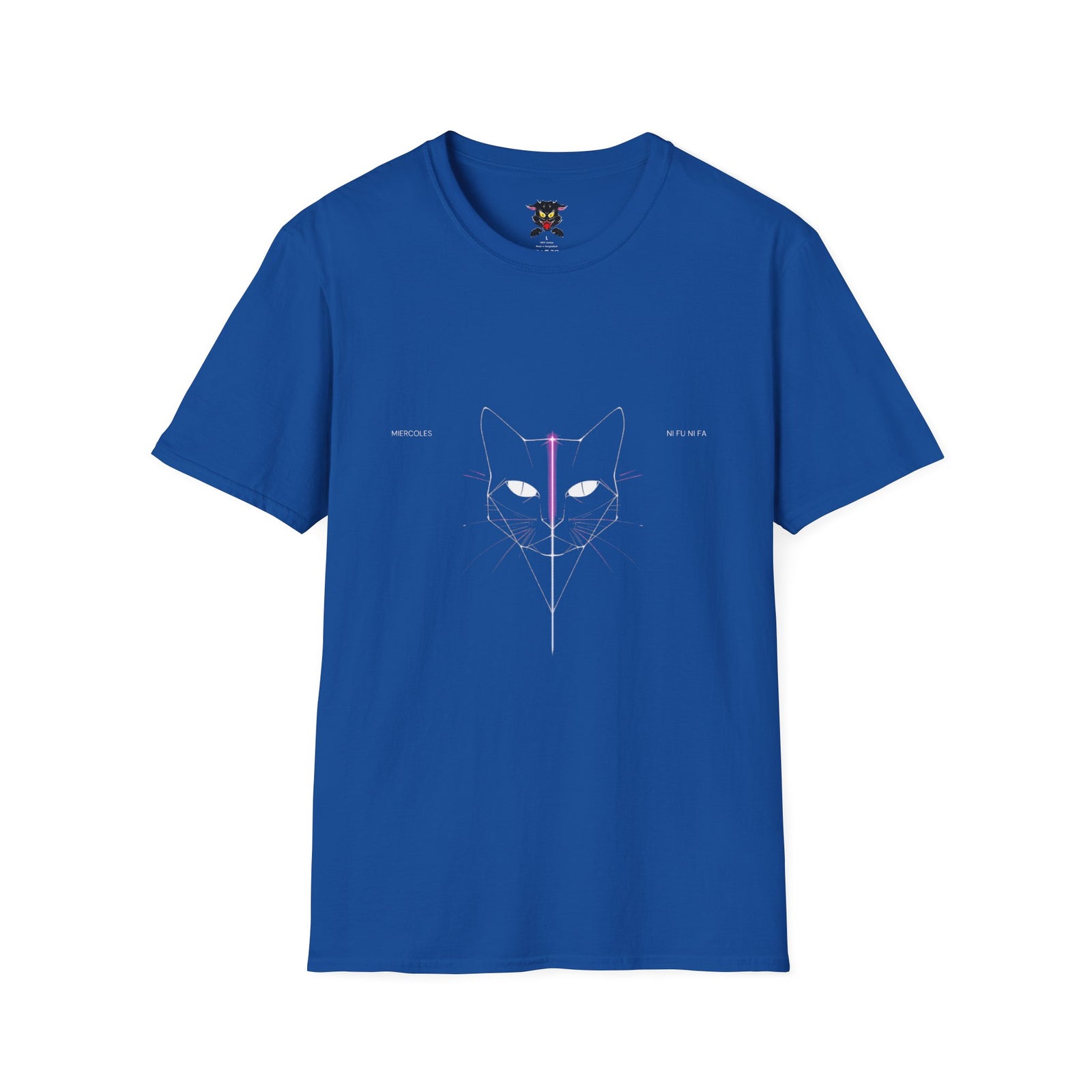 Minimal Cyber Cat T-Shirt — Geometric Neon Cat Face Tee