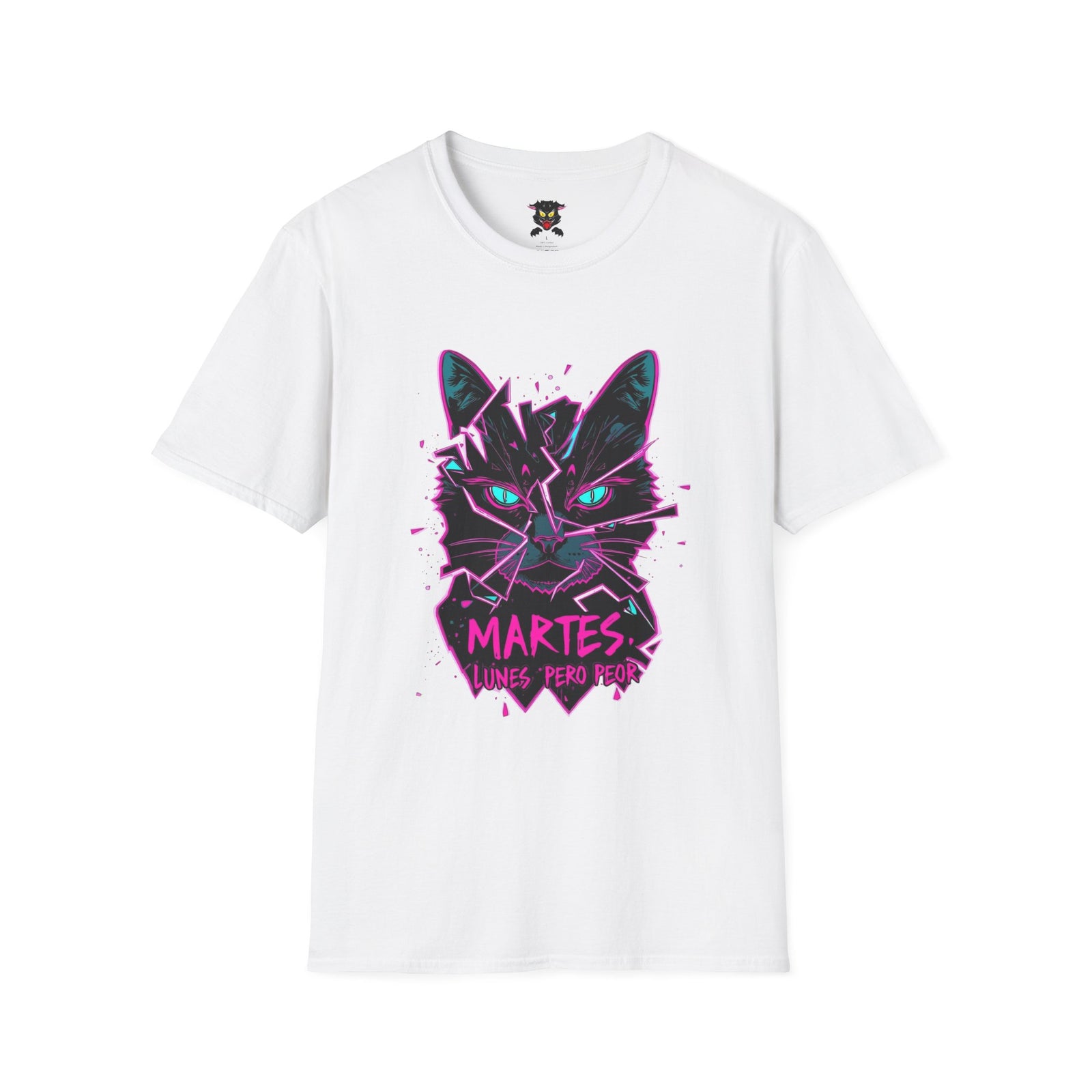 Cat Graphic T-Shirt — Neon Retro "Martes" Design (Lunes Pero Puro)