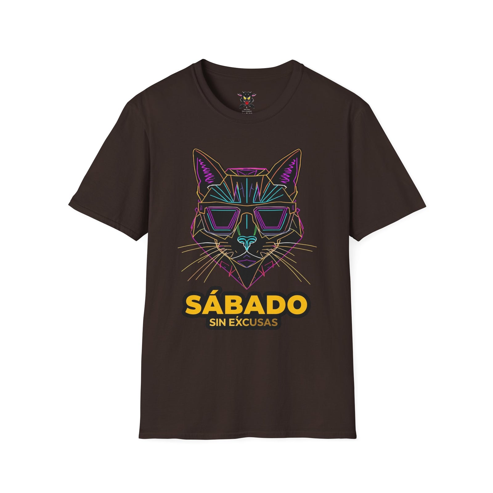 Sábado Sin Excusas Cat T-Shirt — Retro Neon Cat with Sunglasses