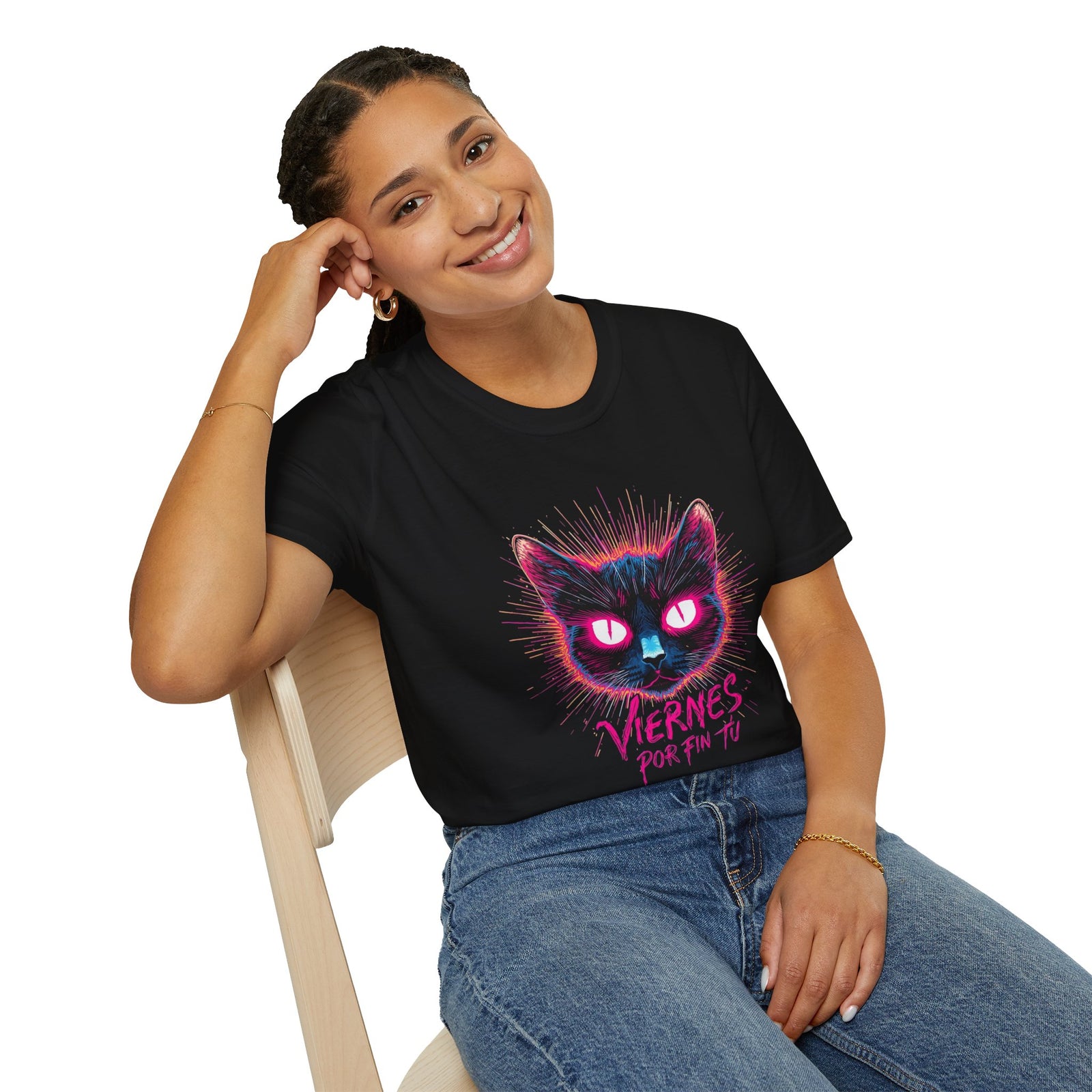 Cat Tee — "Viernes Por Fin" Neon Cat Graphic T-Shirt
