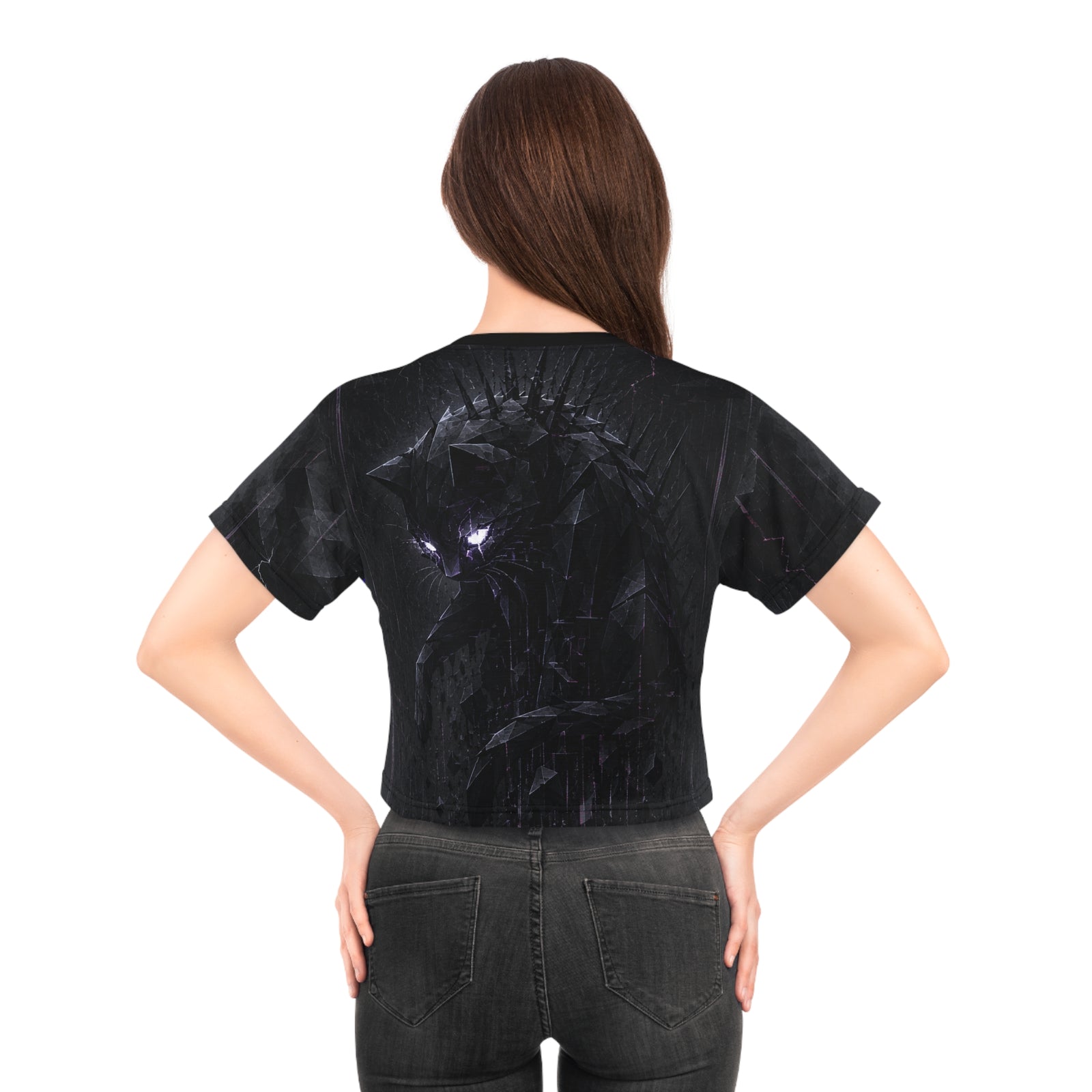 Neon Cosmic Cat Crop Tee — Glowing Eyes Galaxy Graphic Top