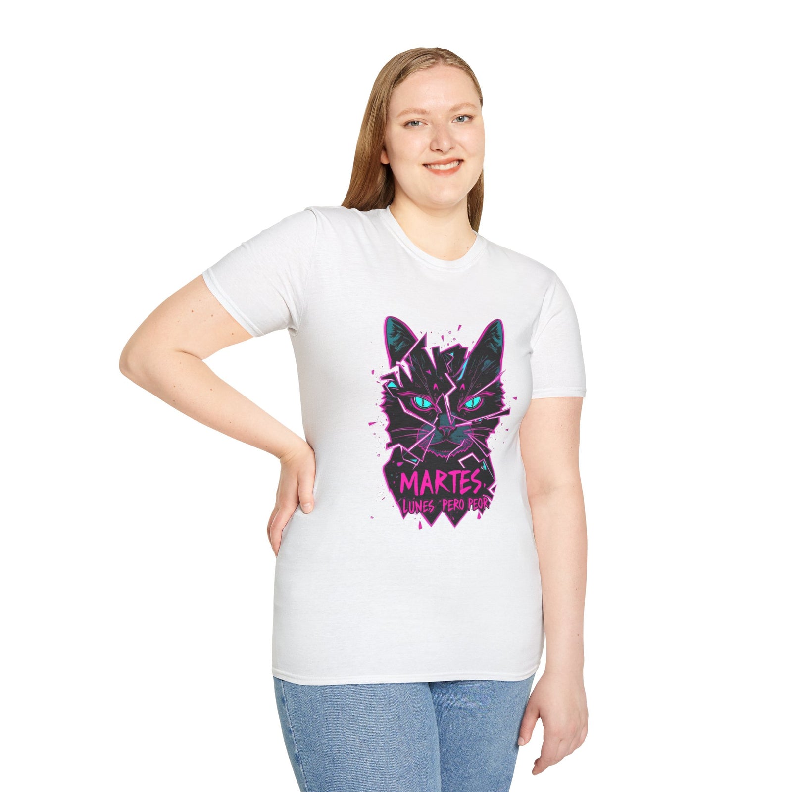Cat Graphic T-Shirt — Neon Retro "Martes" Design (Lunes Pero Puro)