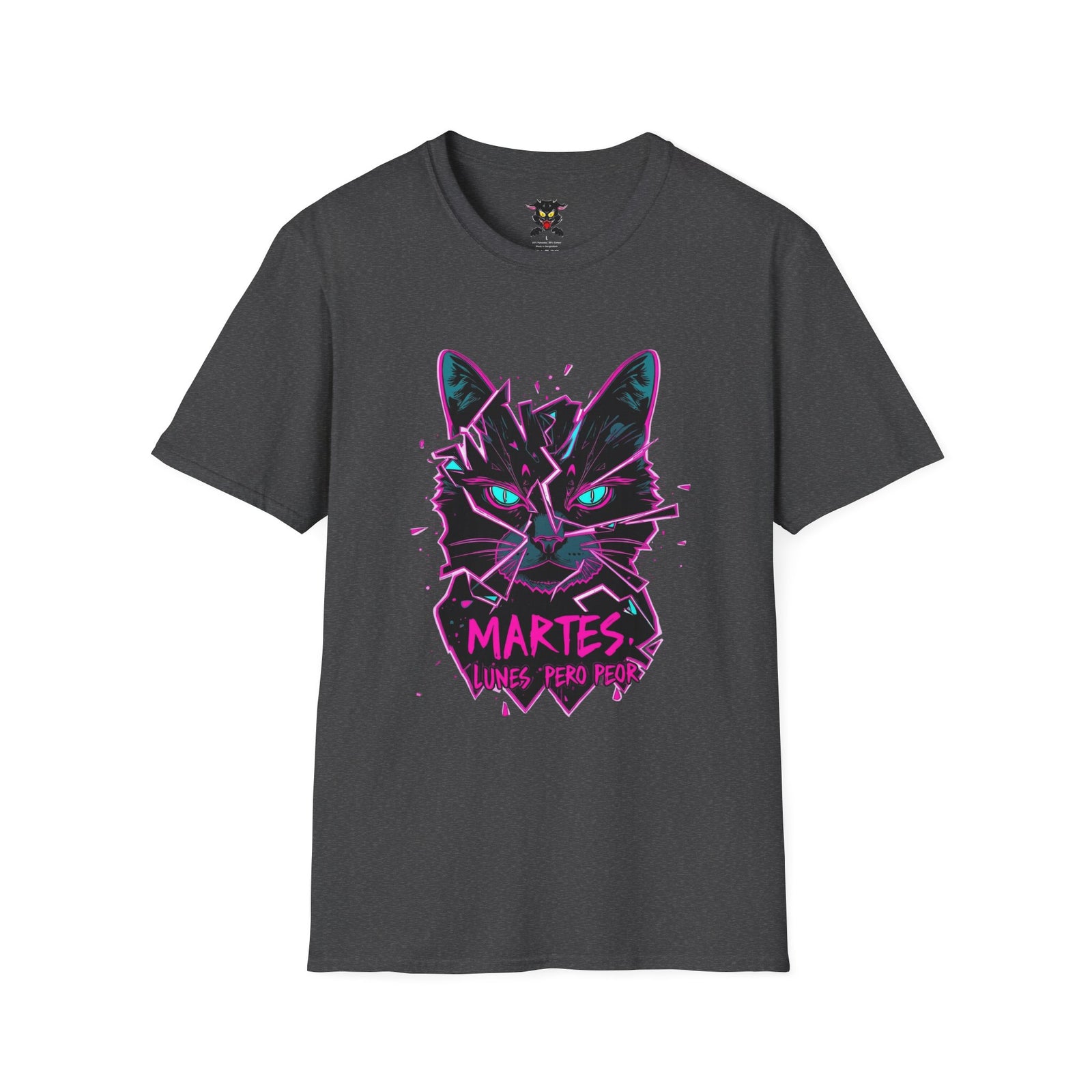 Cat Graphic T-Shirt — Neon Retro "Martes" Design (Lunes Pero Puro)