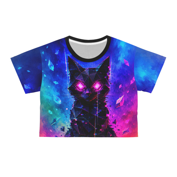 Neon Cosmic Cat Crop Tee — Glowing Eyes Galaxy Graphic Top