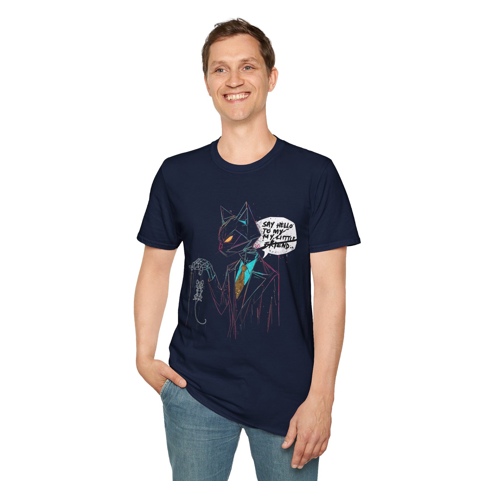 T-Shirt — "Say Hello to My Little Friend" Neon Sketch