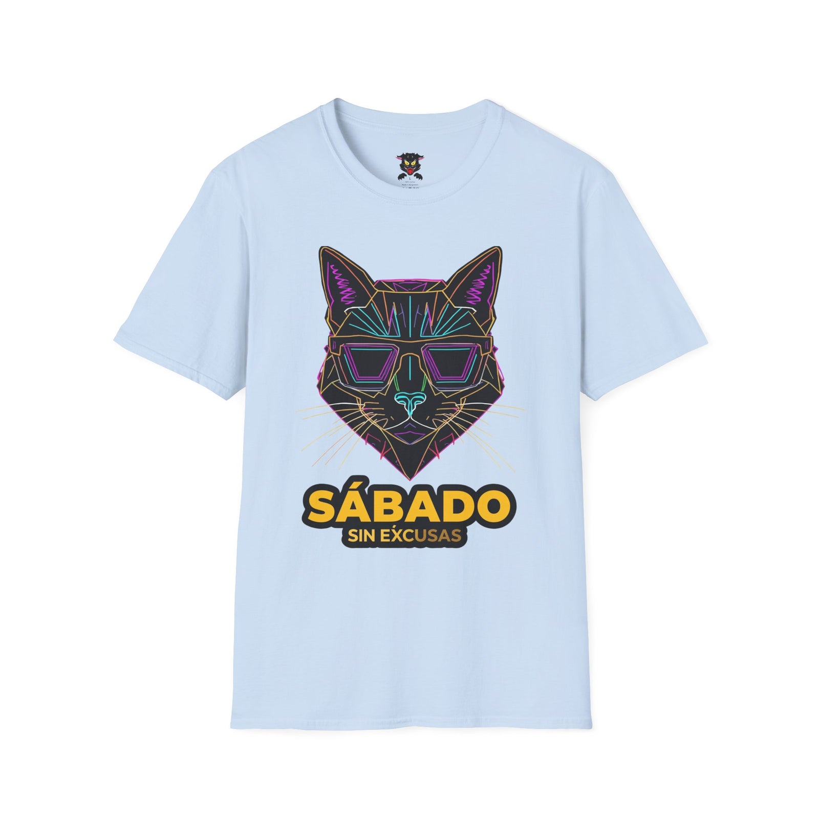 Sábado Sin Excusas Cat T-Shirt — Retro Neon Cat with Sunglasses