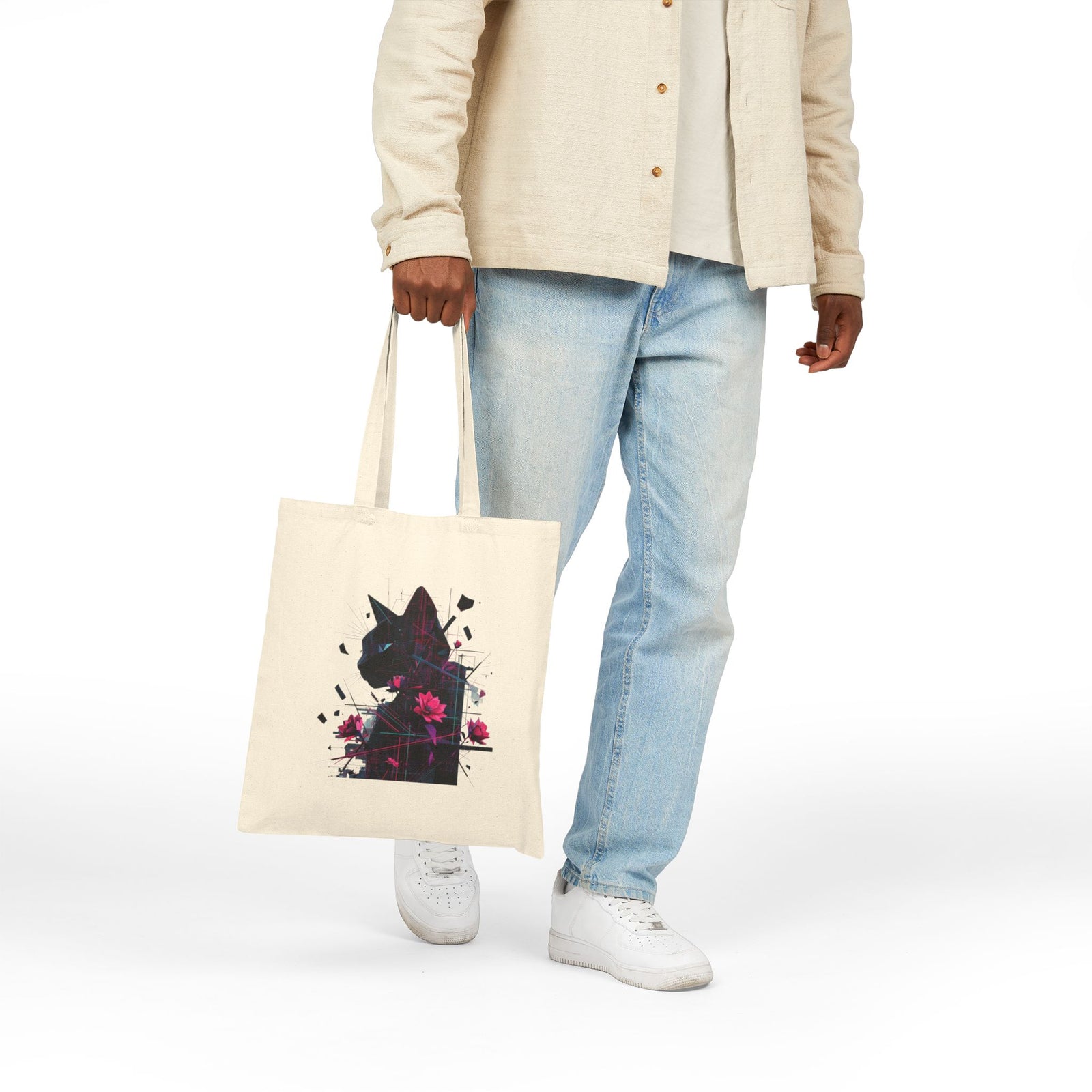 Floral Cat Silhouette Tote Bag — Canvas Animal Art Shopper