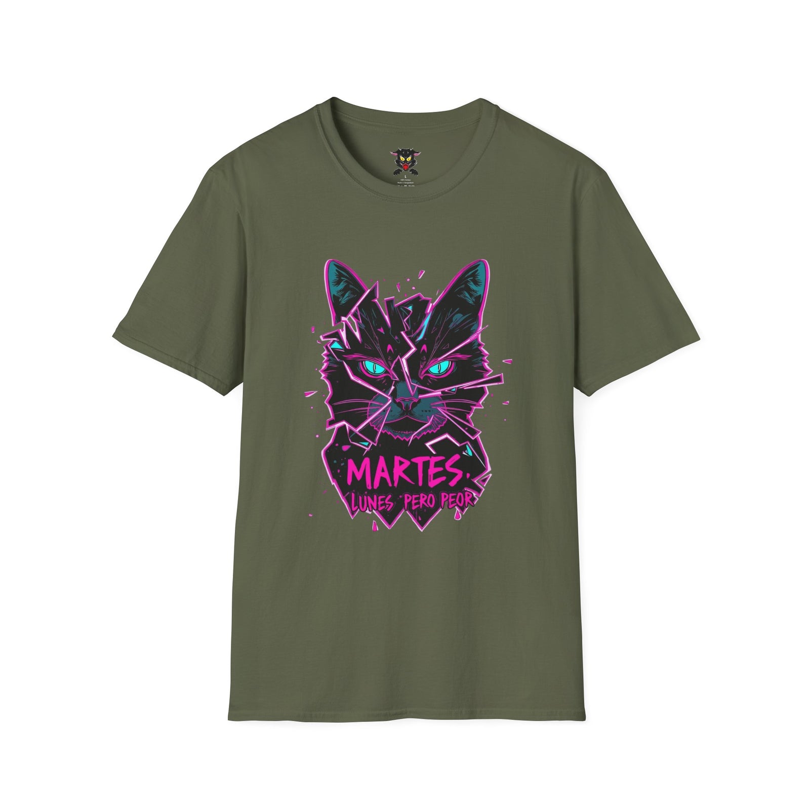 Cat Graphic T-Shirt — Neon Retro "Martes" Design (Lunes Pero Puro)