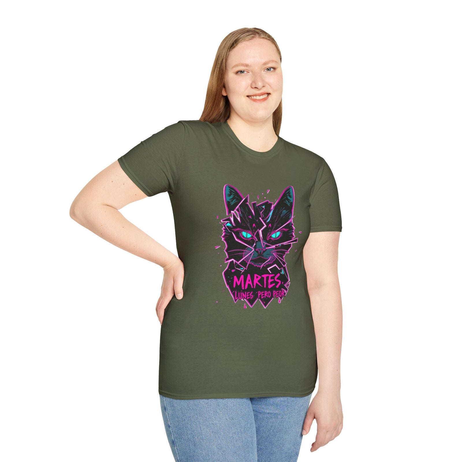 Cat Graphic T-Shirt — Neon Retro "Martes" Design (Lunes Pero Puro)