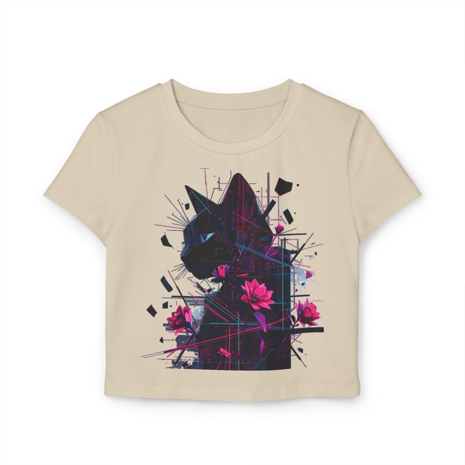 Neon Floral Cat Baby Tee — Women's Graphic Crop Top