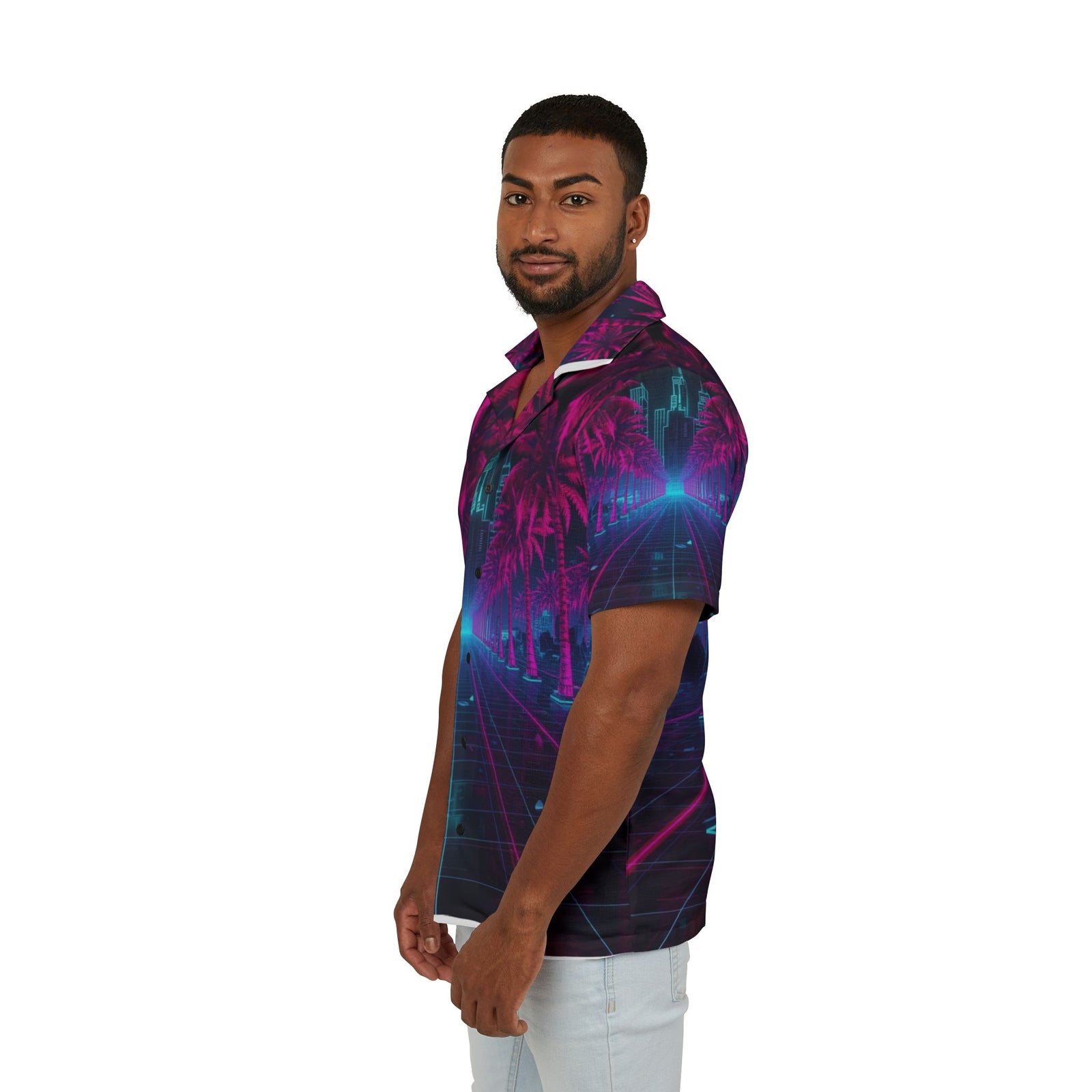 Retro Neon Palm Hawaiian Shirt — Vaporwave Aesthetic Camp Shirt