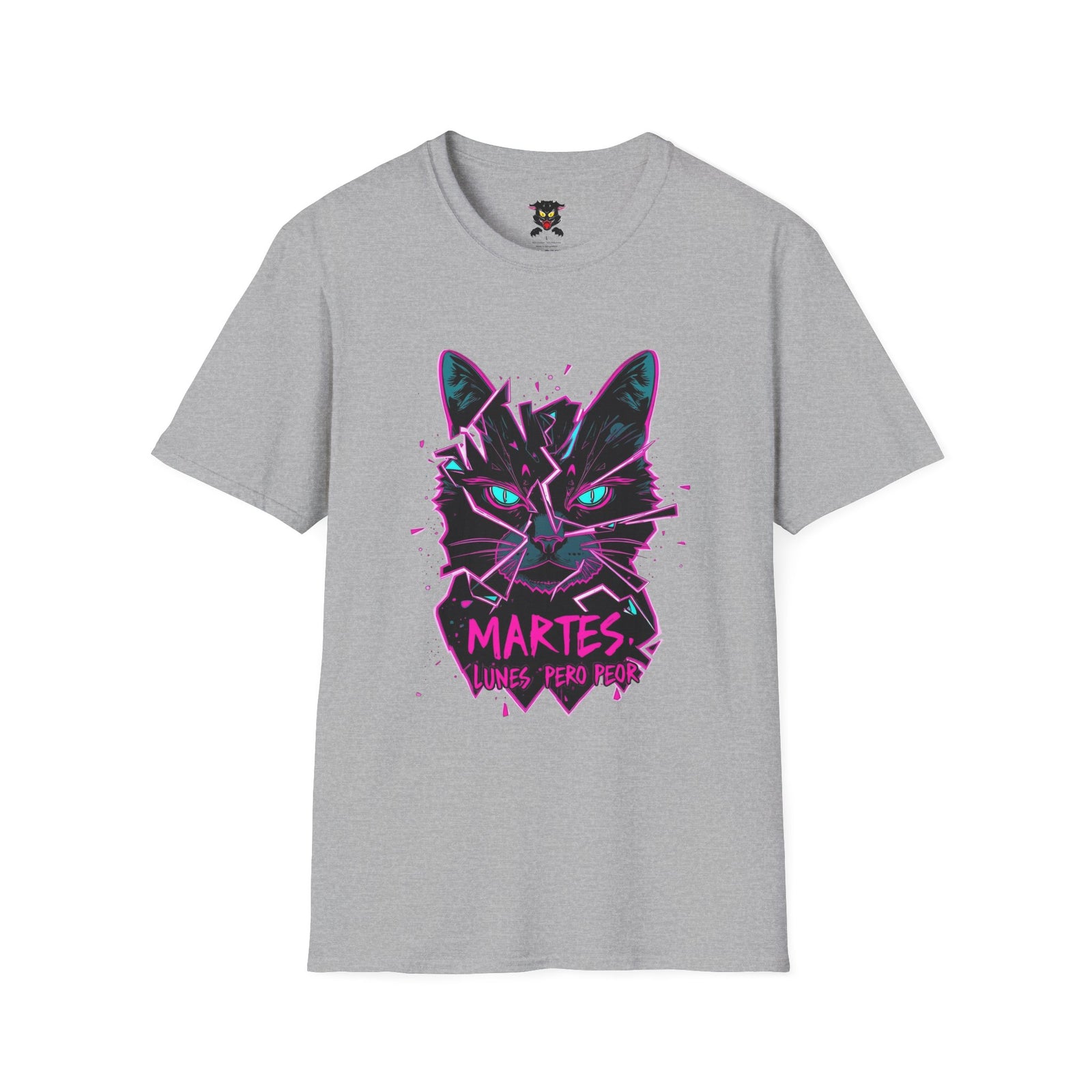 Cat Graphic T-Shirt — Neon Retro "Martes" Design (Lunes Pero Puro)