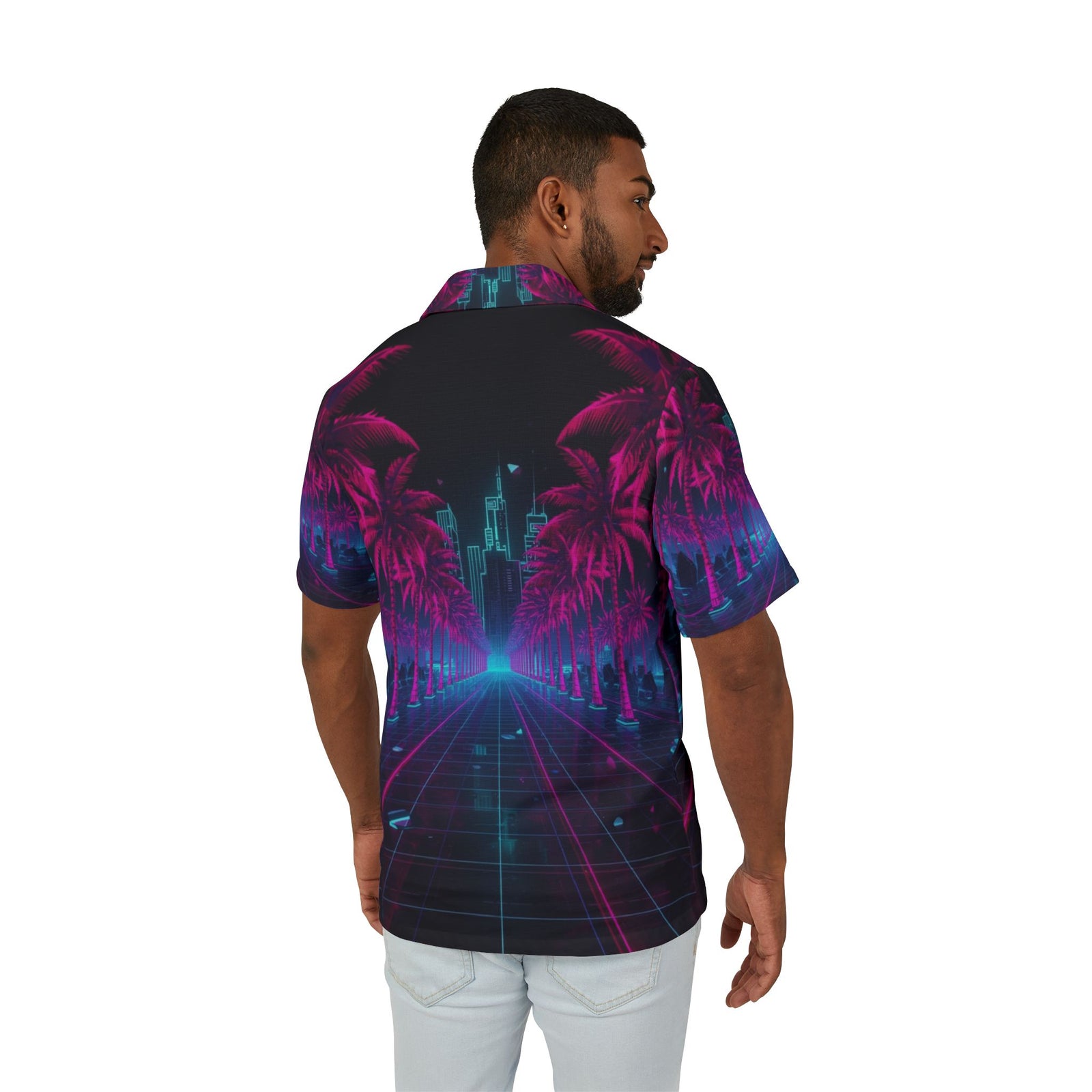 Retro Neon Palm Hawaiian Shirt — Vaporwave Aesthetic Camp Shirt