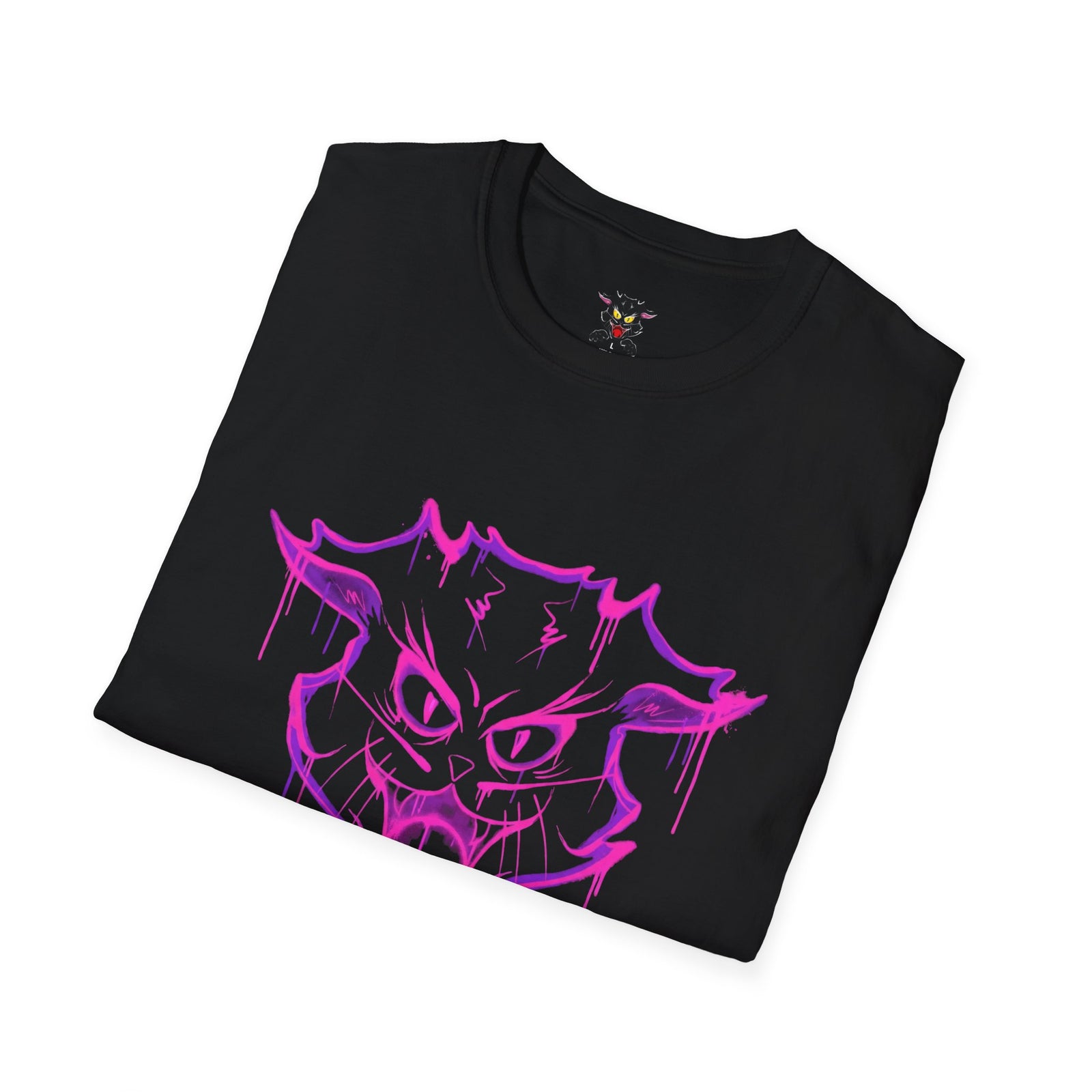 Camiseta softstyle negra doblada con gráfico gato Gatoloco