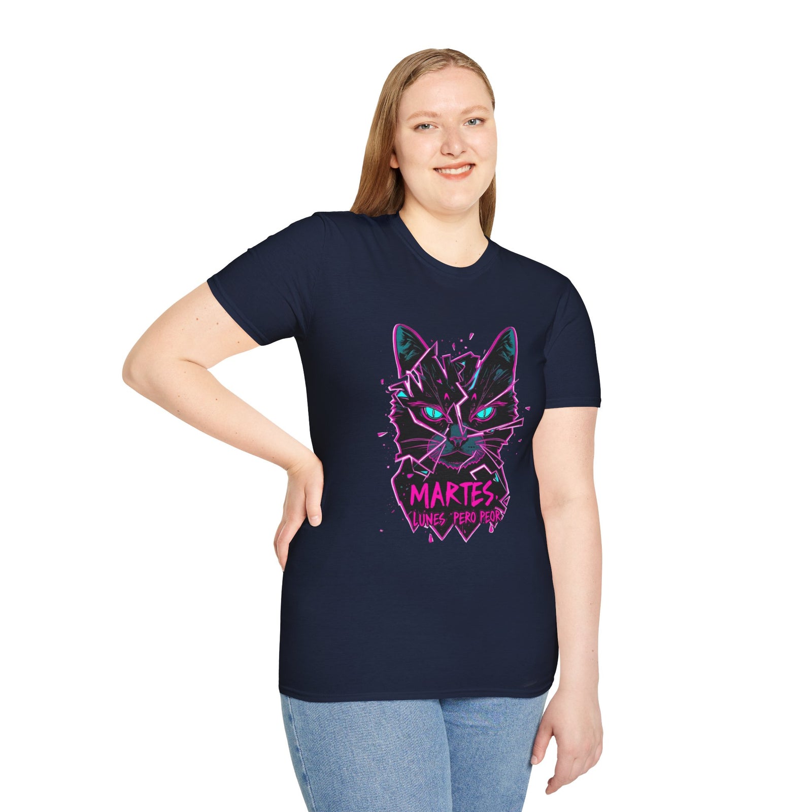 Cat Graphic T-Shirt — Neon Retro "Martes" Design (Lunes Pero Puro)