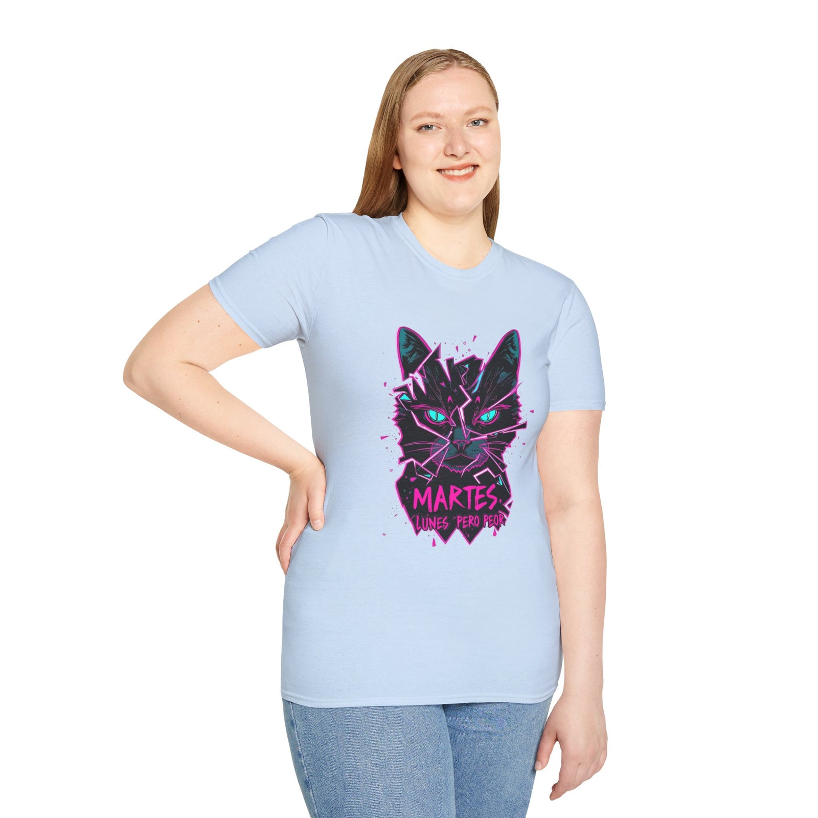 Cat Graphic T-Shirt — Neon Retro "Martes" Design (Lunes Pero Puro)