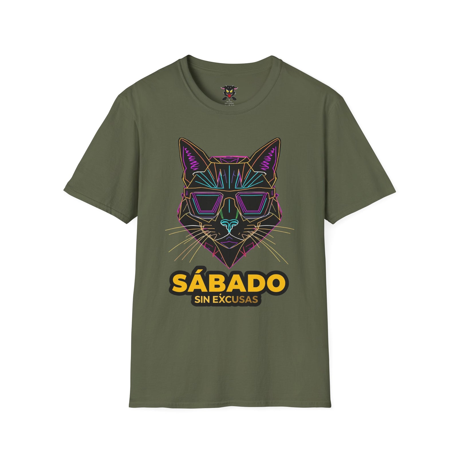 Sábado Sin Excusas Cat T-Shirt — Retro Neon Cat with Sunglasses