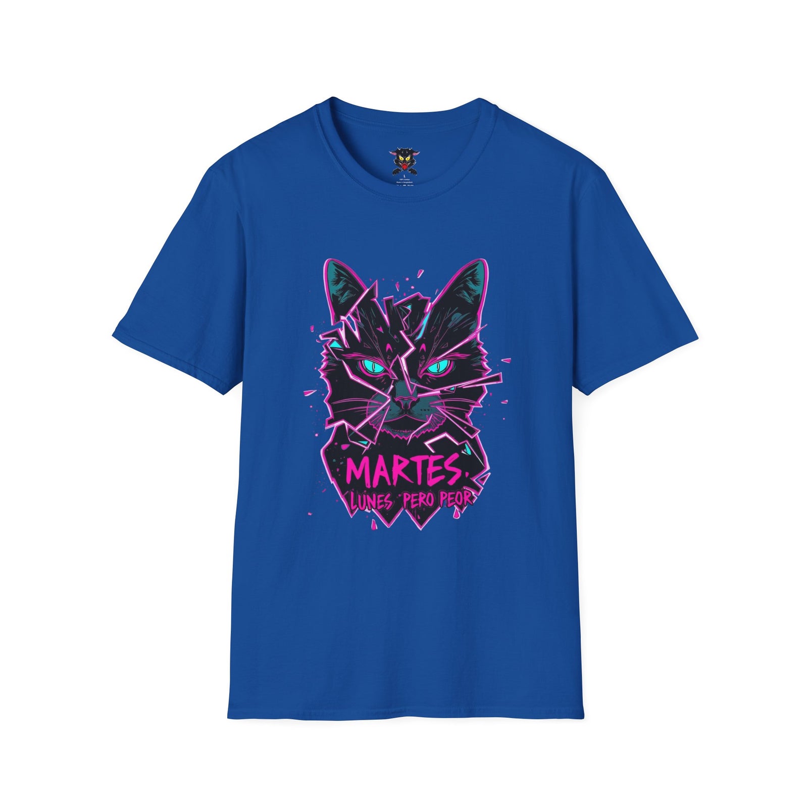 Cat Graphic T-Shirt — Neon Retro "Martes" Design (Lunes Pero Puro)
