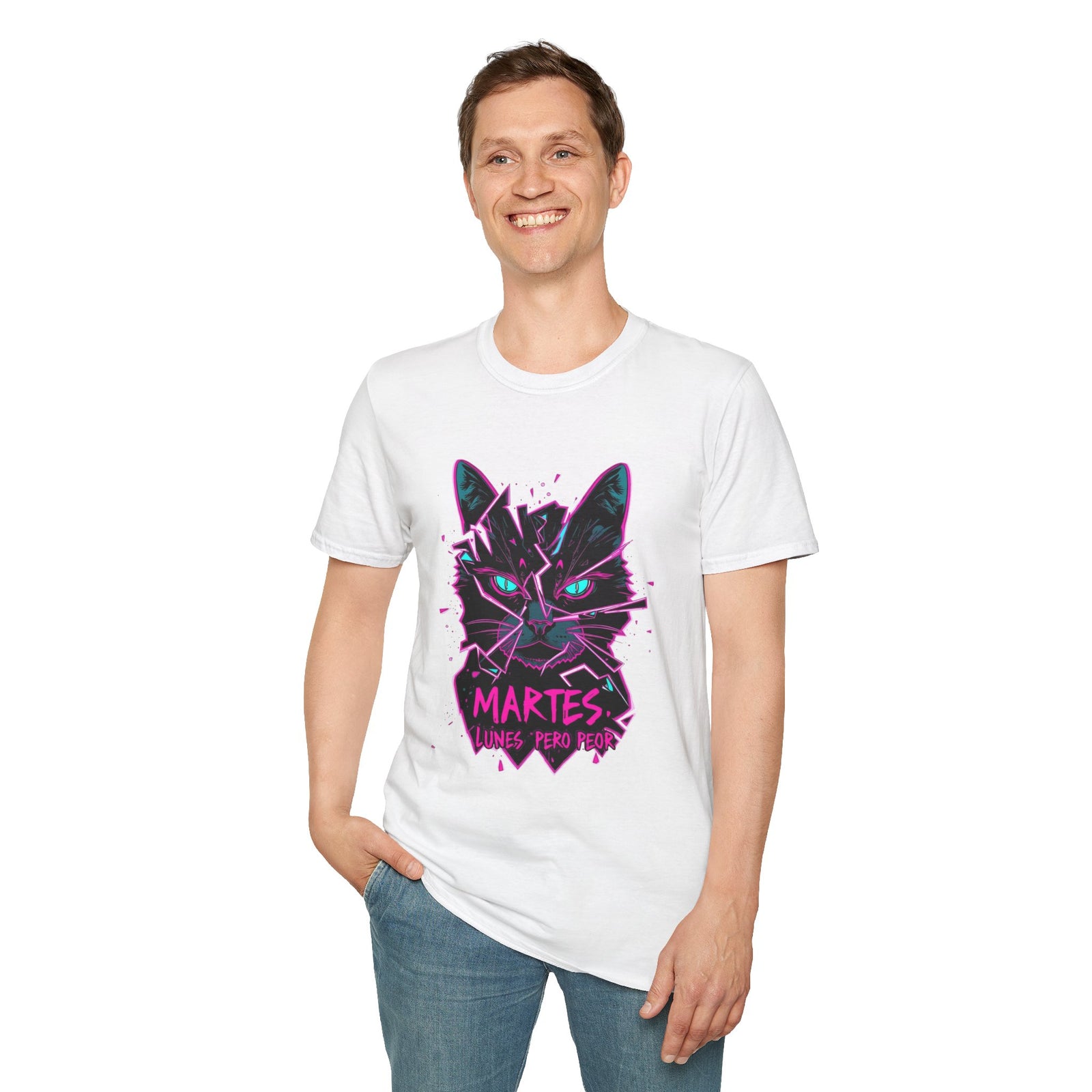 Cat Graphic T-Shirt — Neon Retro "Martes" Design (Lunes Pero Puro)