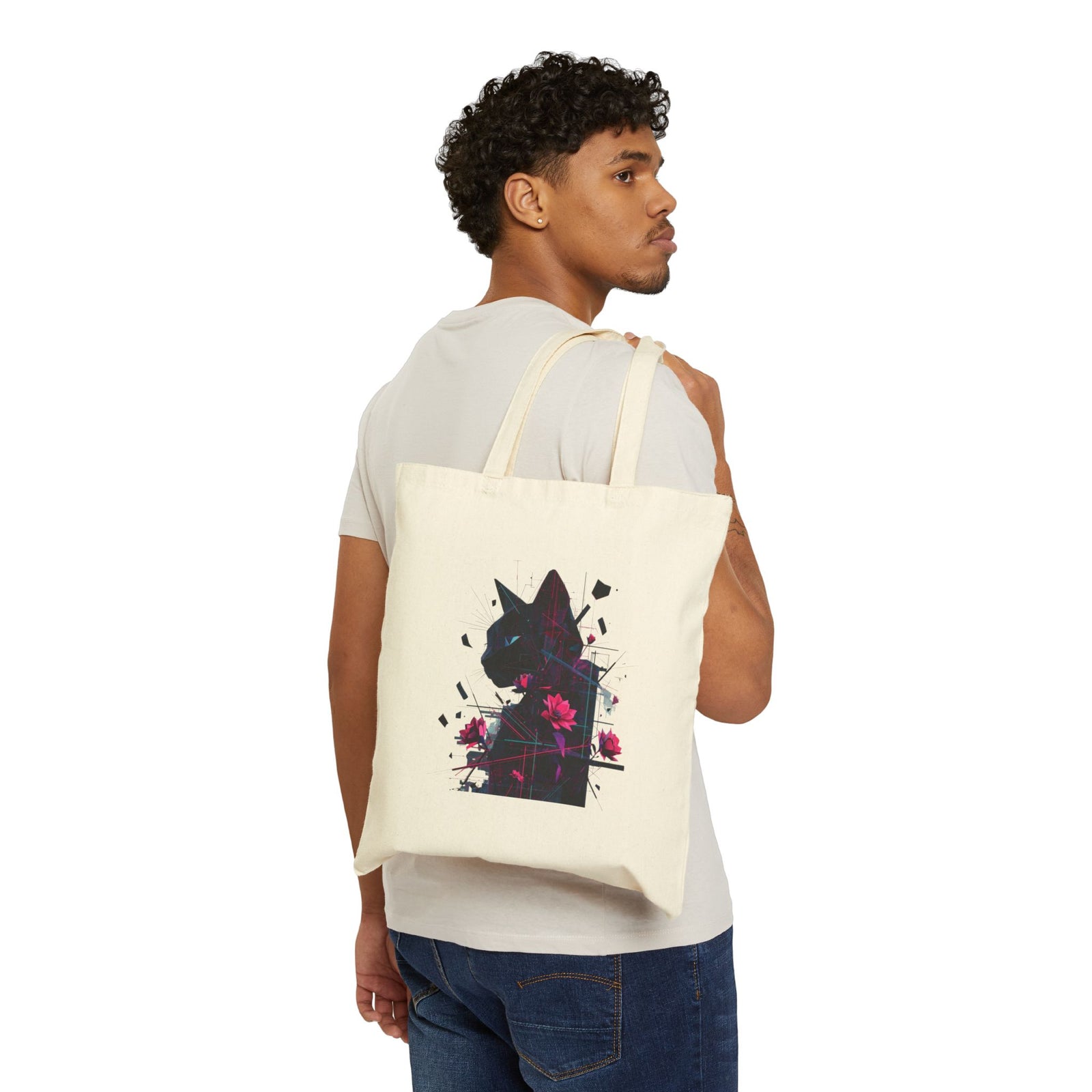 Floral Cat Silhouette Tote Bag — Canvas Animal Art Shopper