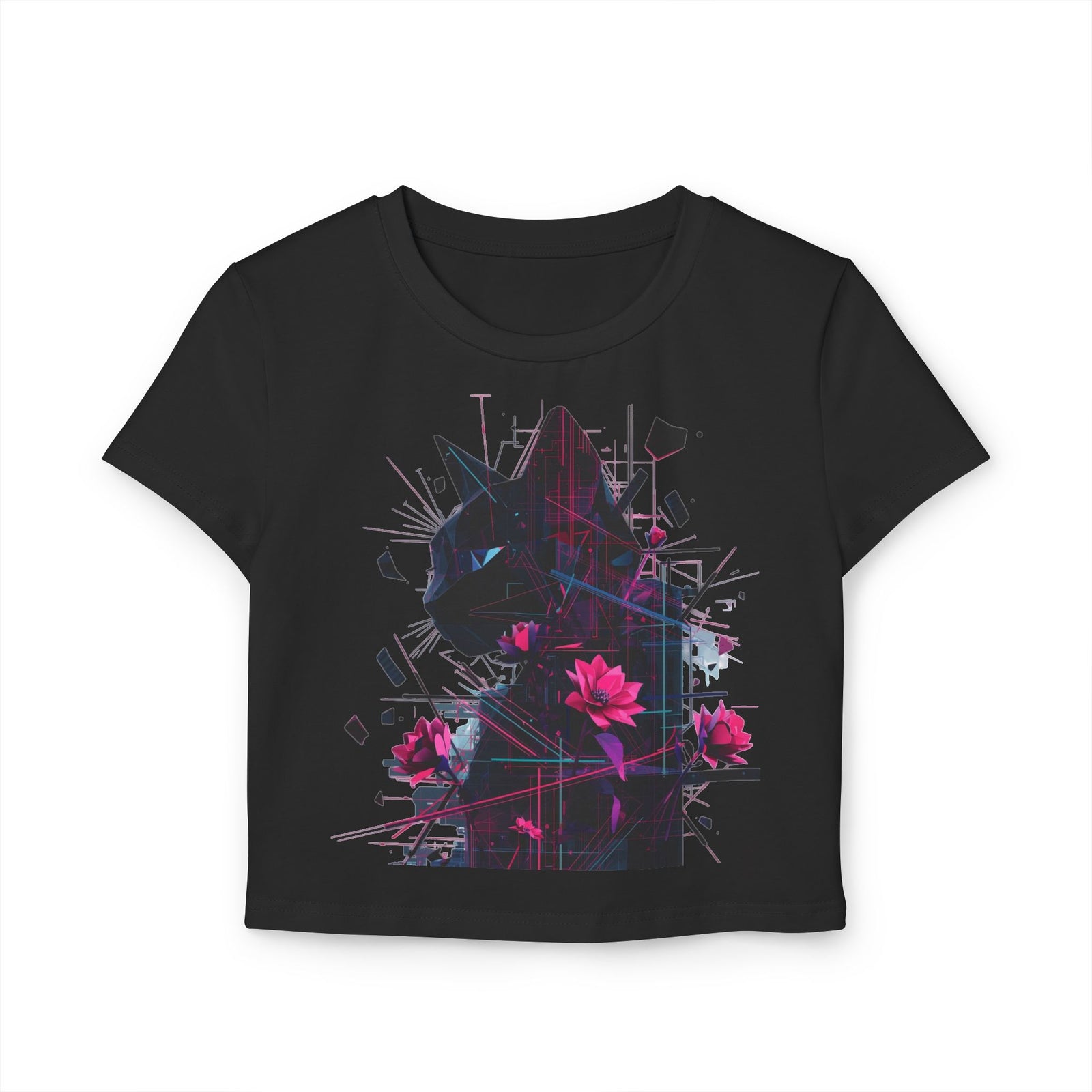 Neon Floral Cat Baby Tee — Women's Graphic Crop Top