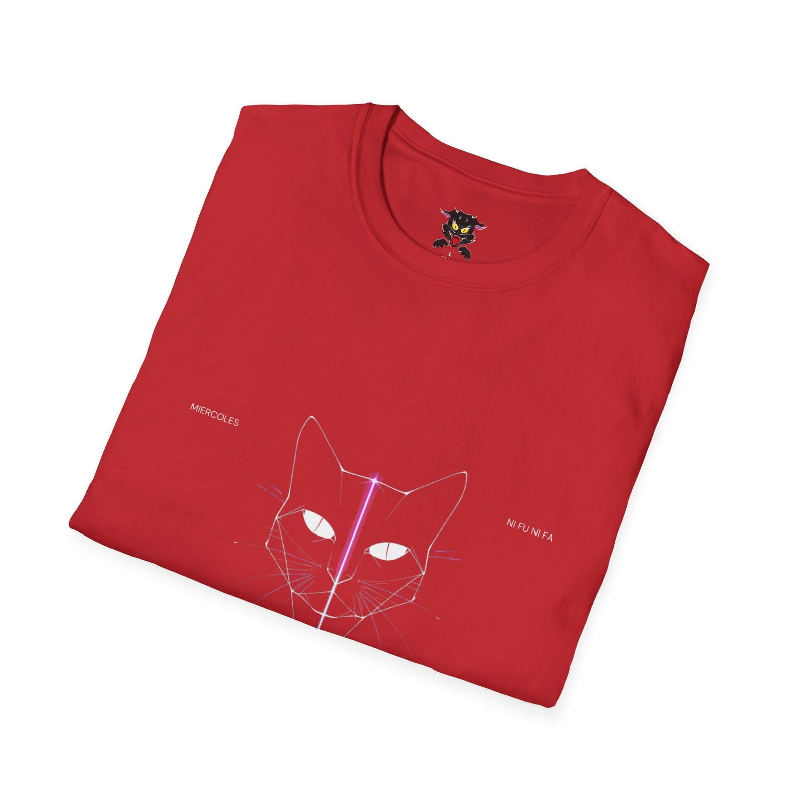Minimal Cyber Cat T-Shirt — Geometric Neon Cat Face Tee