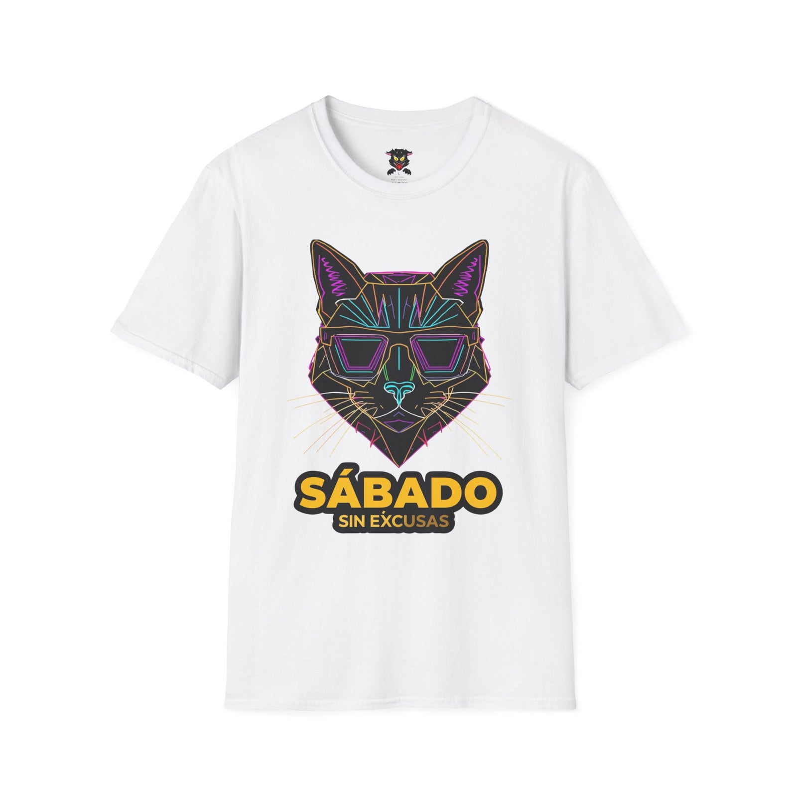 Sábado Sin Excusas Cat T-Shirt — Retro Neon Cat with Sunglasses