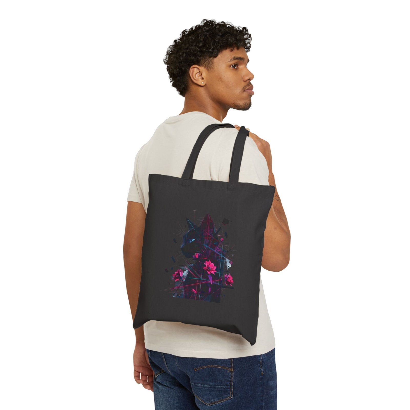 Floral Cat Silhouette Tote Bag — Canvas Animal Art Shopper