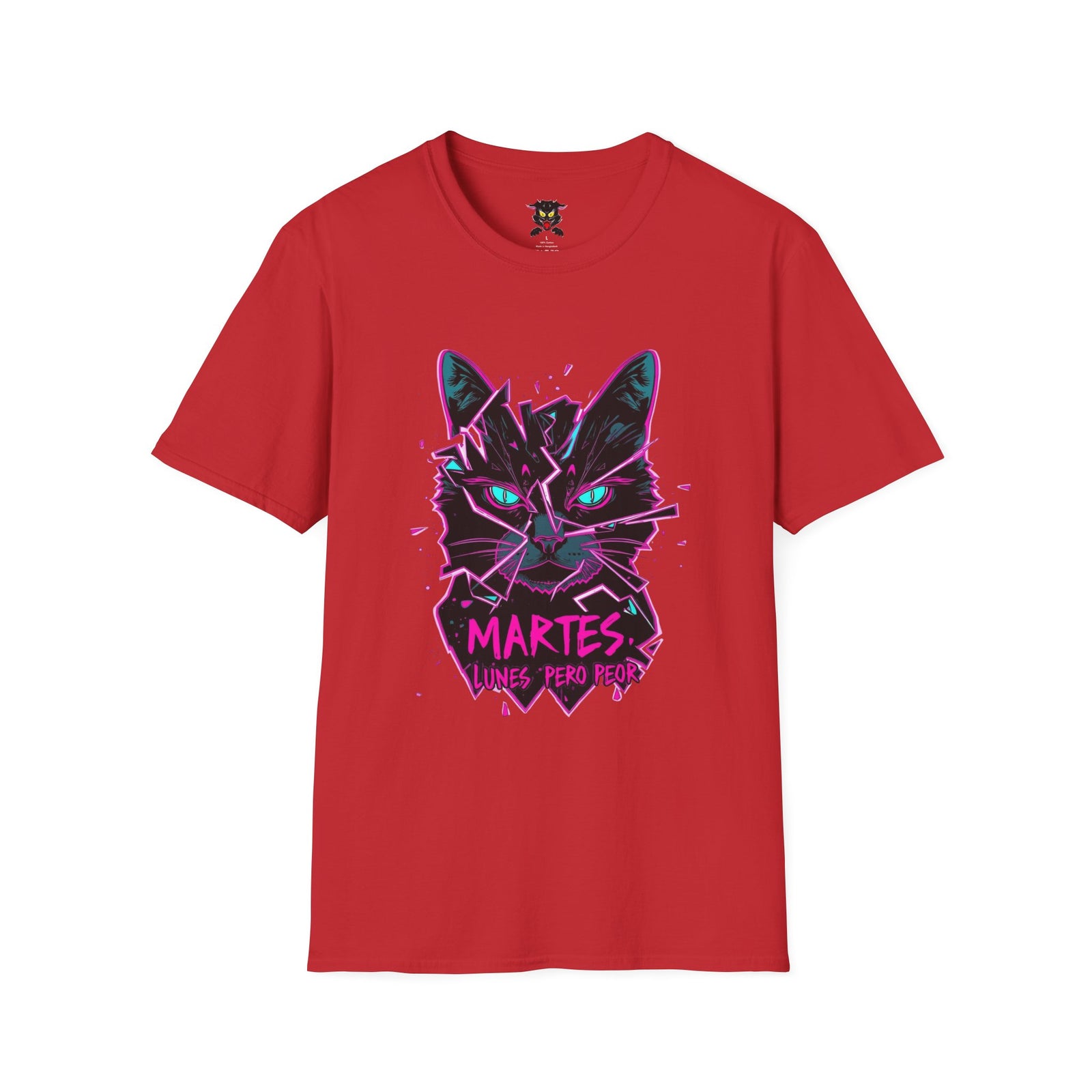 Cat Graphic T-Shirt — Neon Retro "Martes" Design (Lunes Pero Puro)