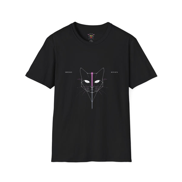Minimal Cyber Cat T-Shirt — Geometric Neon Cat Face Tee