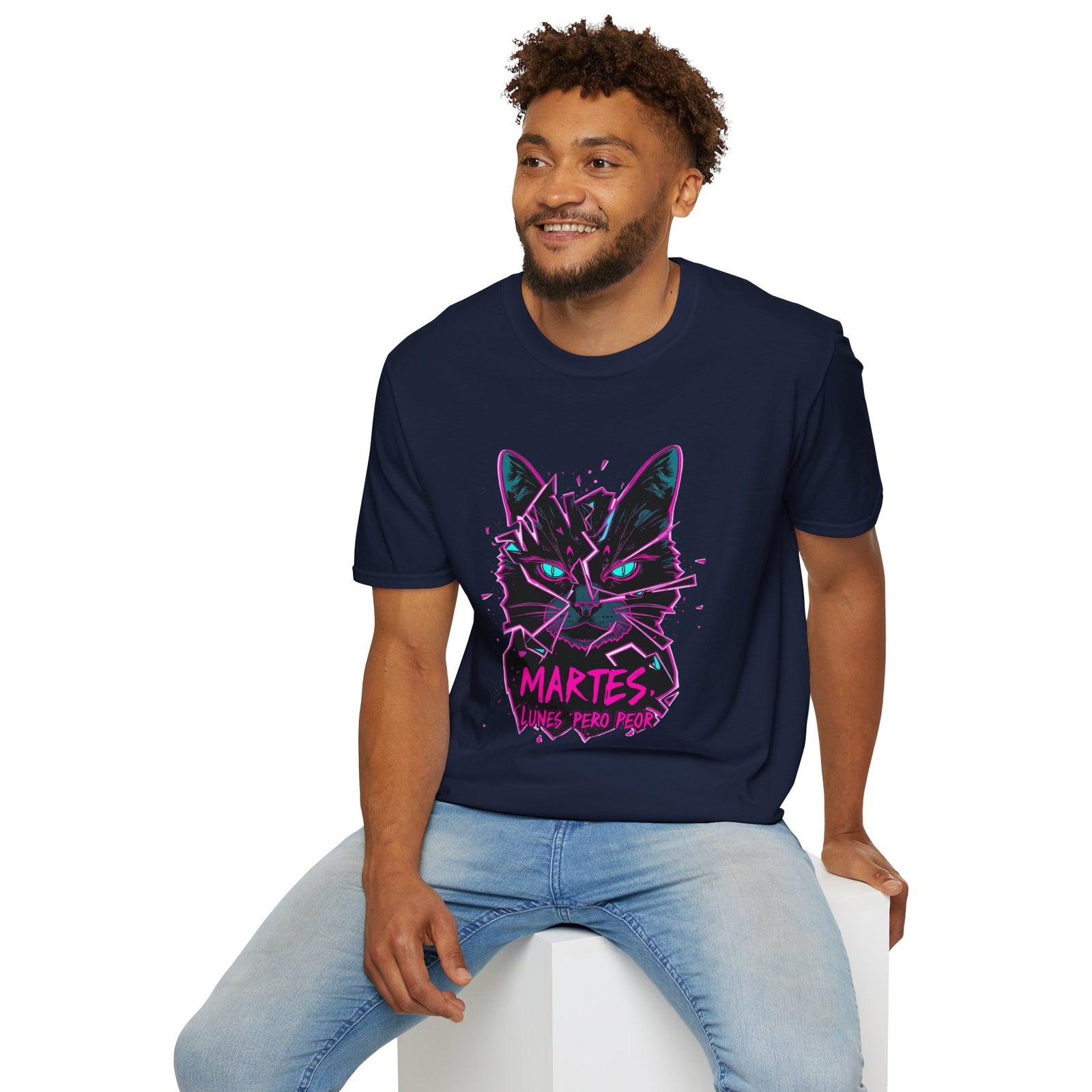 Cat Graphic T-Shirt — Neon Retro "Martes" Design (Lunes Pero Puro)