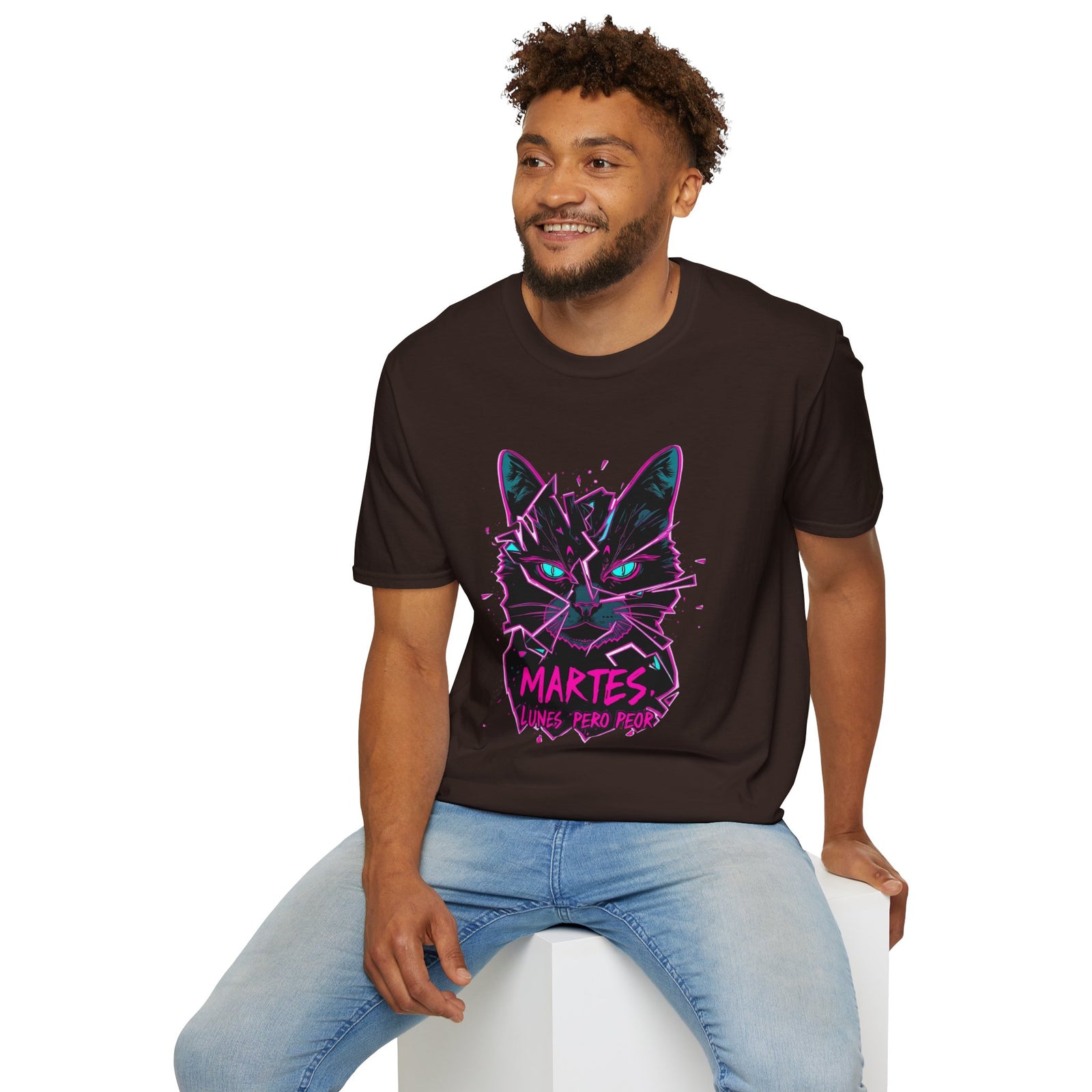 Cat Graphic T-Shirt — Neon Retro "Martes" Design (Lunes Pero Puro)