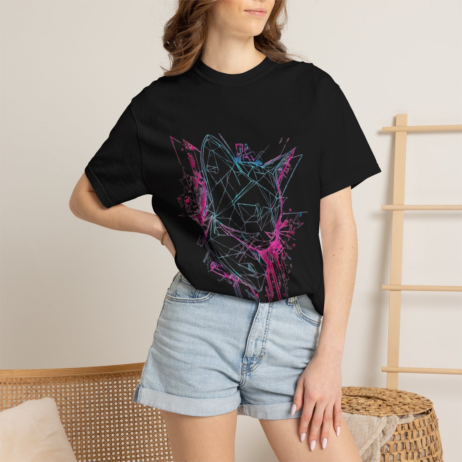 Neon Fox Outline T-Shirt — Vaporwave Geometric Fox Tee