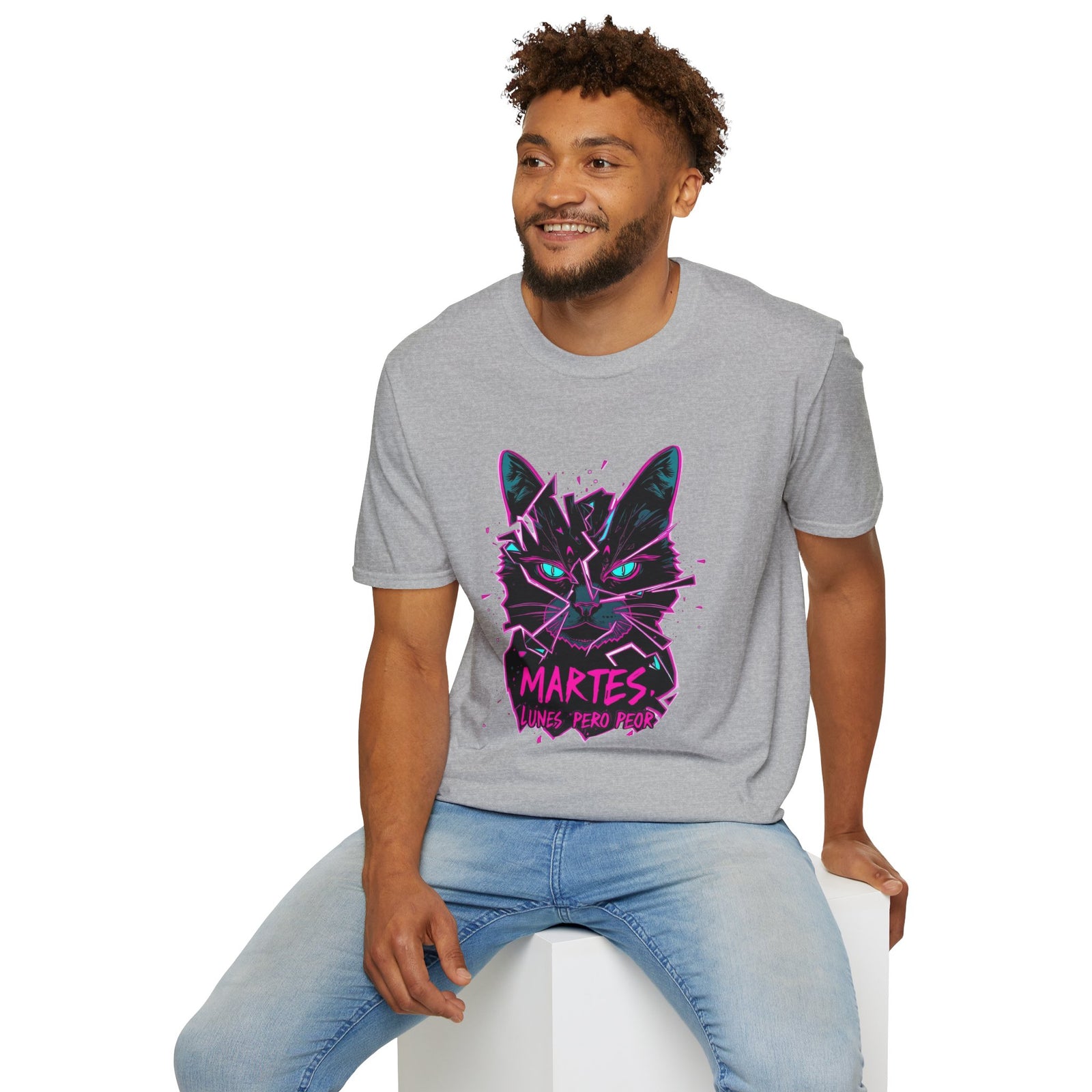 Cat Graphic T-Shirt — Neon Retro "Martes" Design (Lunes Pero Puro)