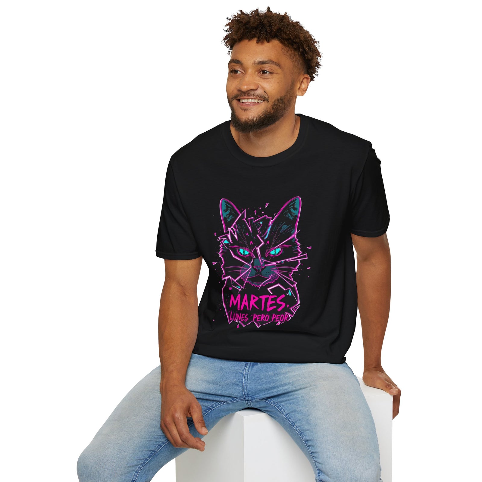 Cat Graphic T-Shirt — Neon Retro "Martes" Design (Lunes Pero Puro)