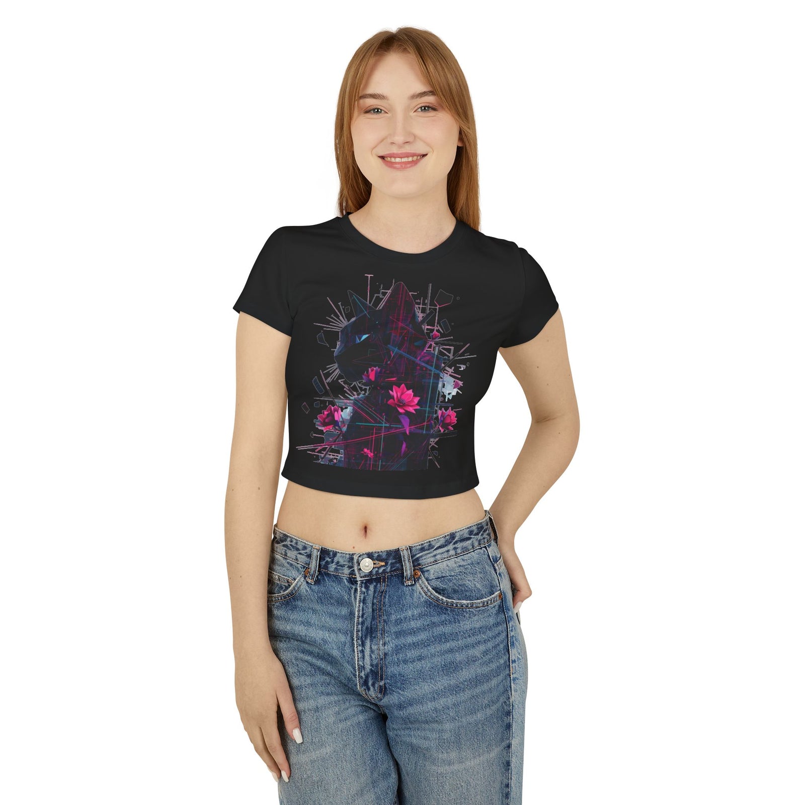 Neon Floral Cat Baby Tee — Women's Graphic Crop Top