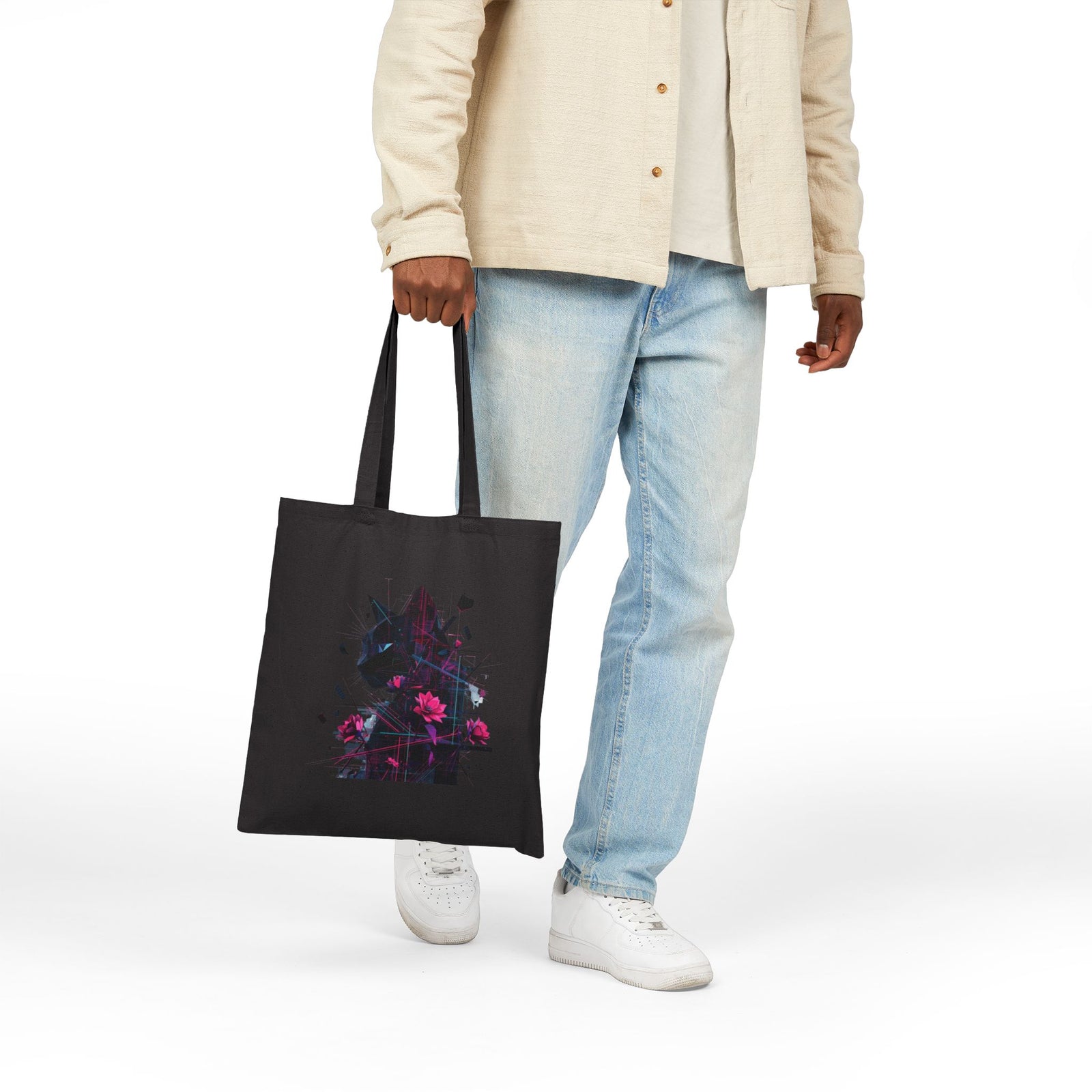 Floral Cat Silhouette Tote Bag — Canvas Animal Art Shopper