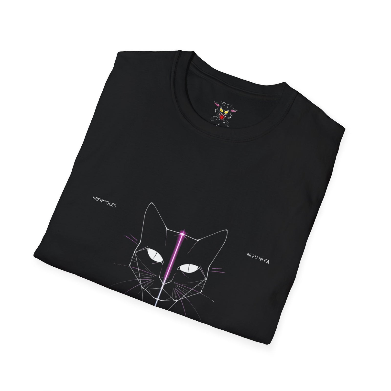 Minimal Cyber Cat T-Shirt — Geometric Neon Cat Face Tee