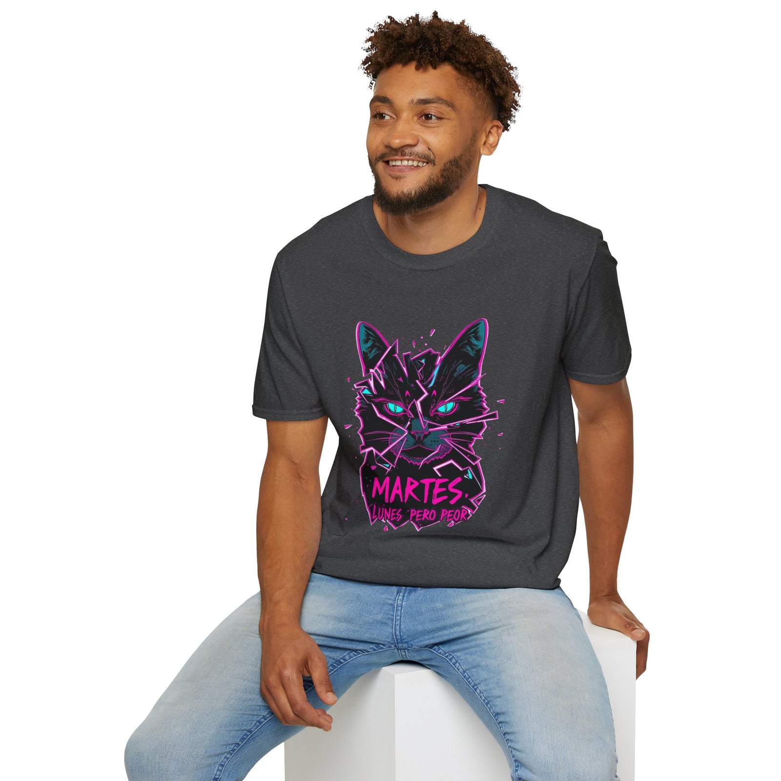 Cat Graphic T-Shirt — Neon Retro "Martes" Design (Lunes Pero Puro)