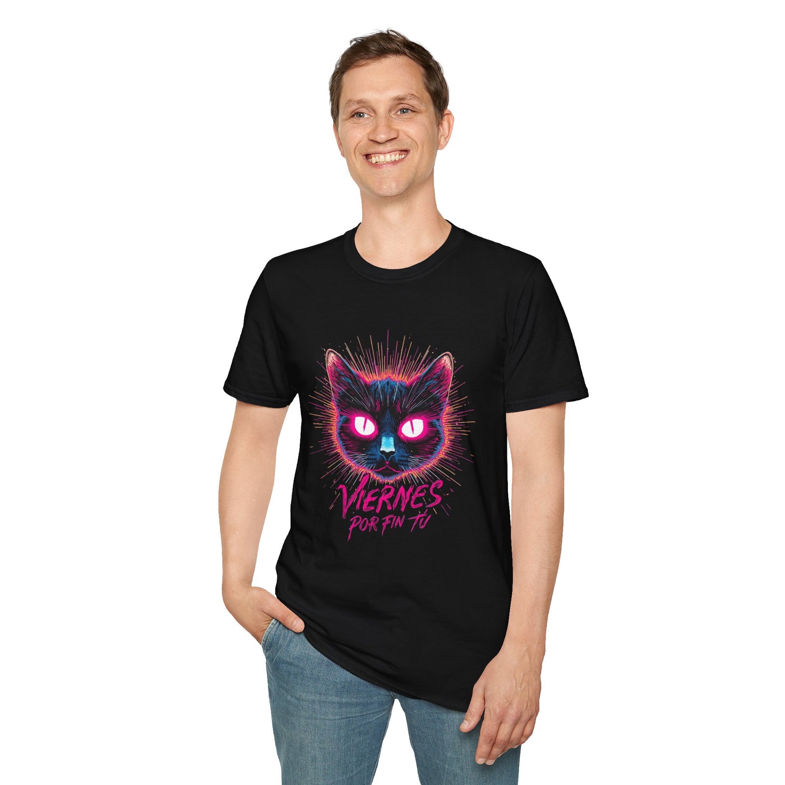 Cat Tee — "Viernes Por Fin" Neon Cat Graphic T-Shirt