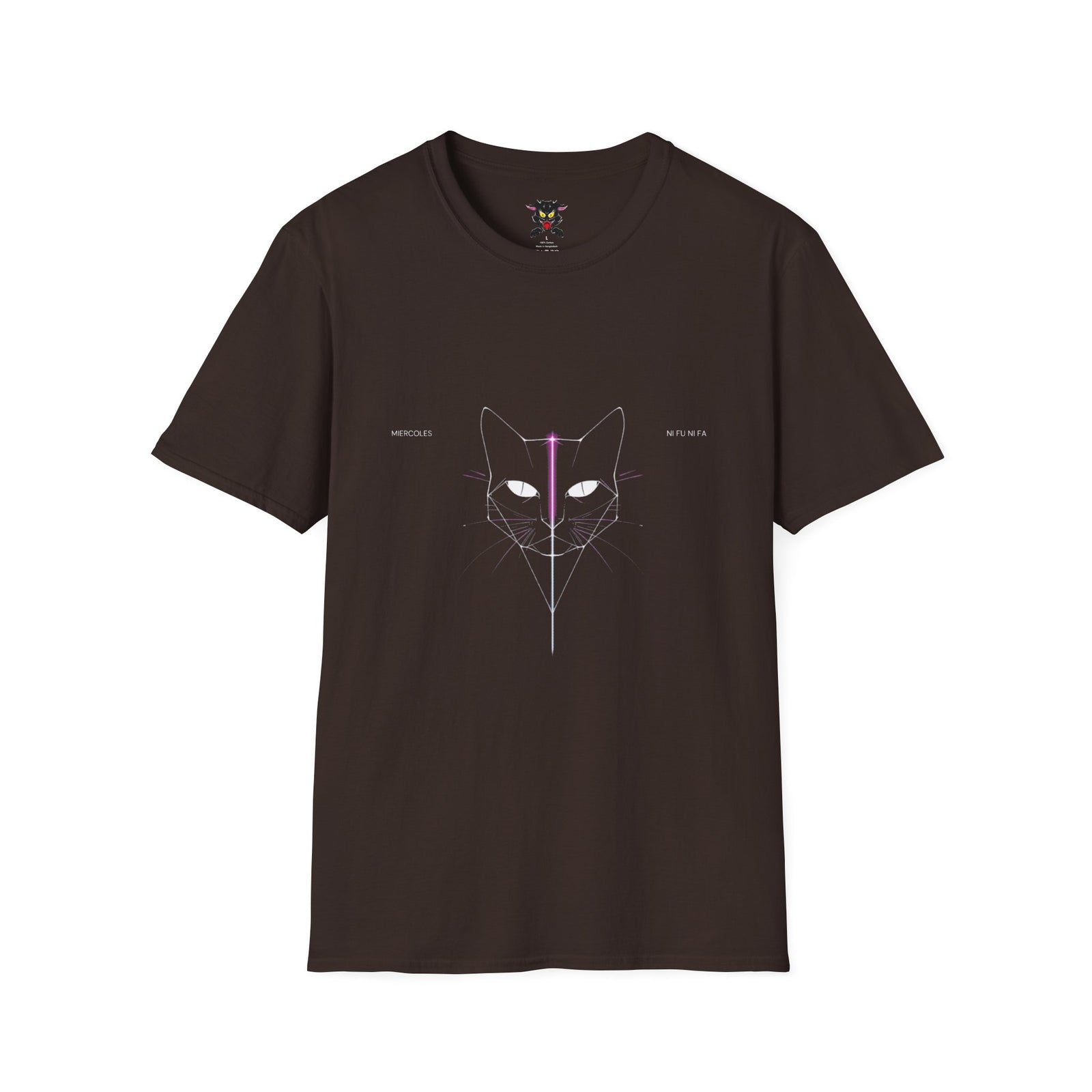 Minimal Cyber Cat T-Shirt — Geometric Neon Cat Face Tee
